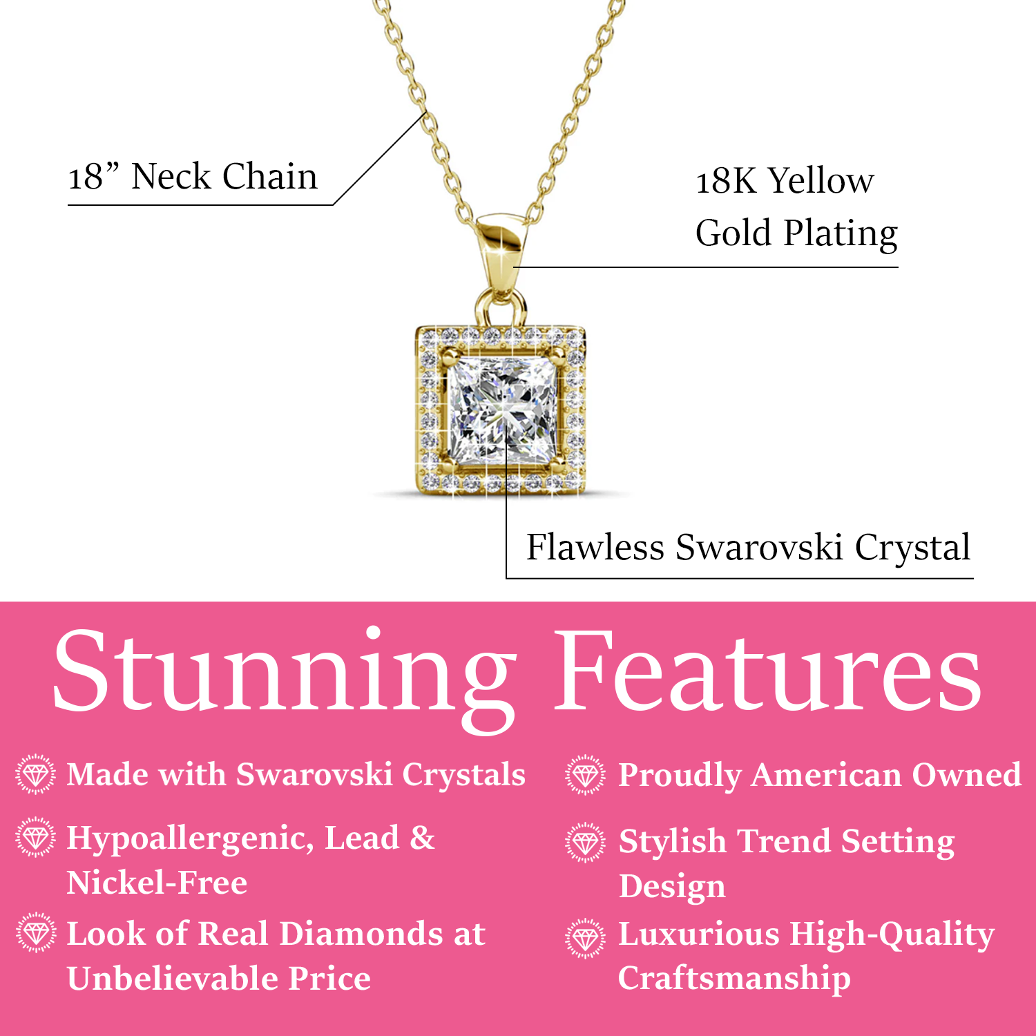 Ekatrina 18k White Gold Plated Halo Pendant Necklace with Sparkling Square Cut Swarovski - Fab Valentine's Flash Sale Crystals