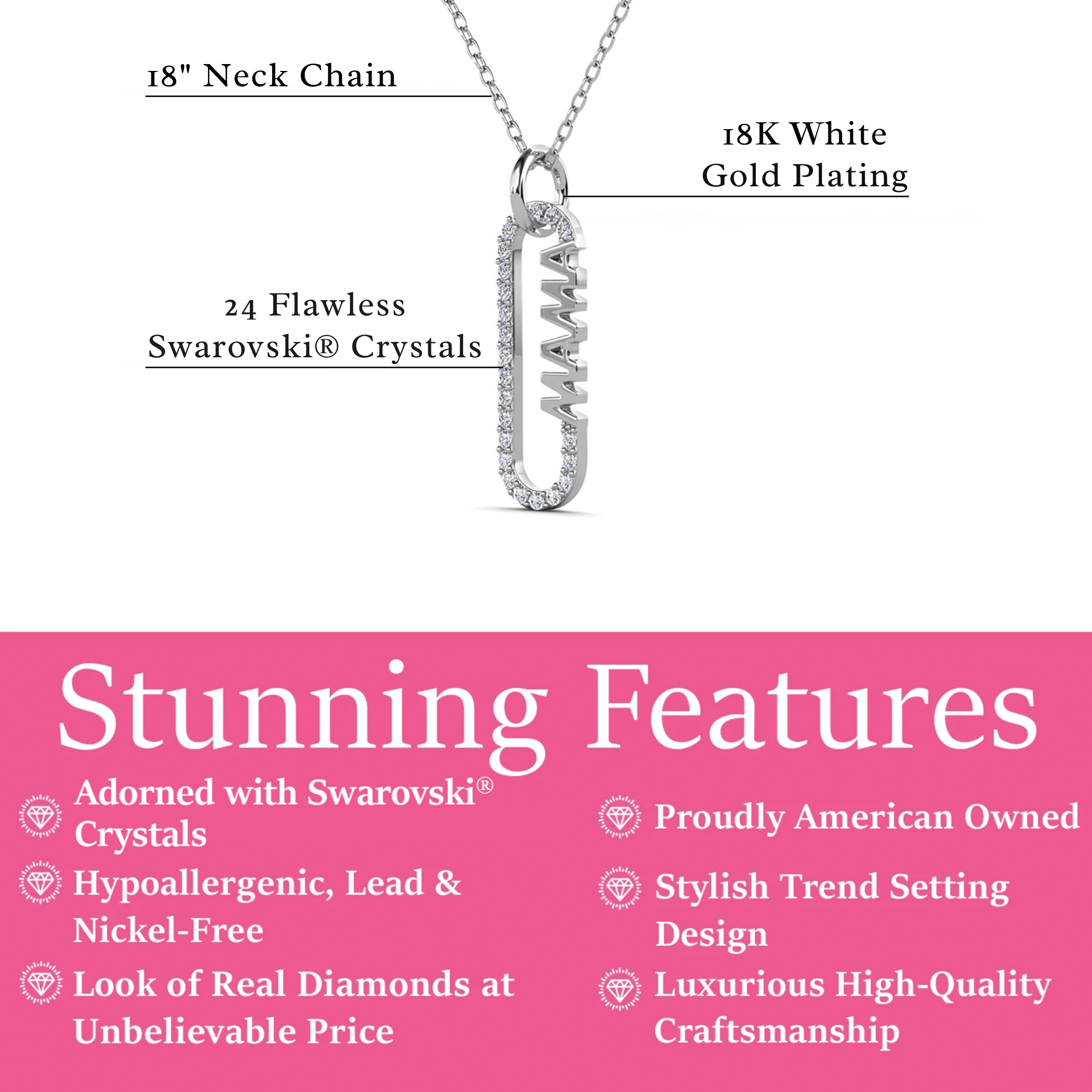 Mom 18k White Gold Plated Necklaces with Swarovski Crystals and Message Card