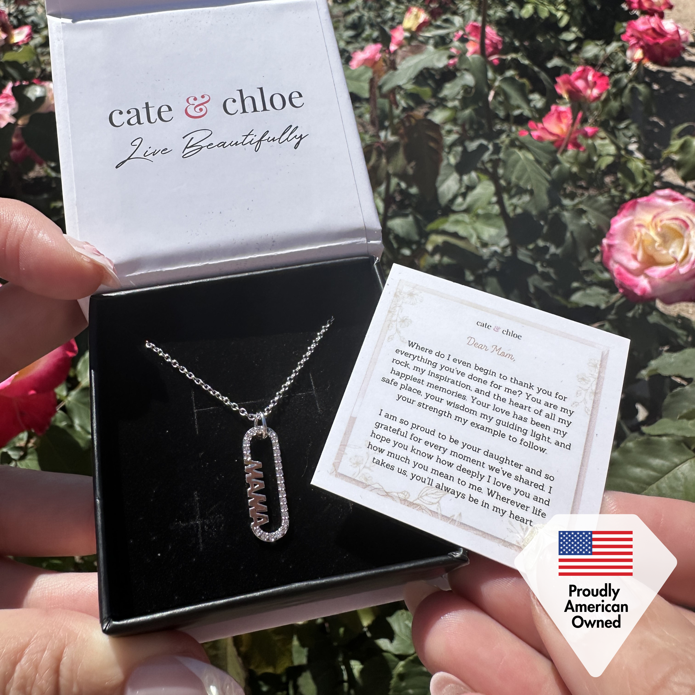 Elaine 18k White Gold Plated Mama Necklace with Swarovski Crystals & Heartfelt Message for Mom