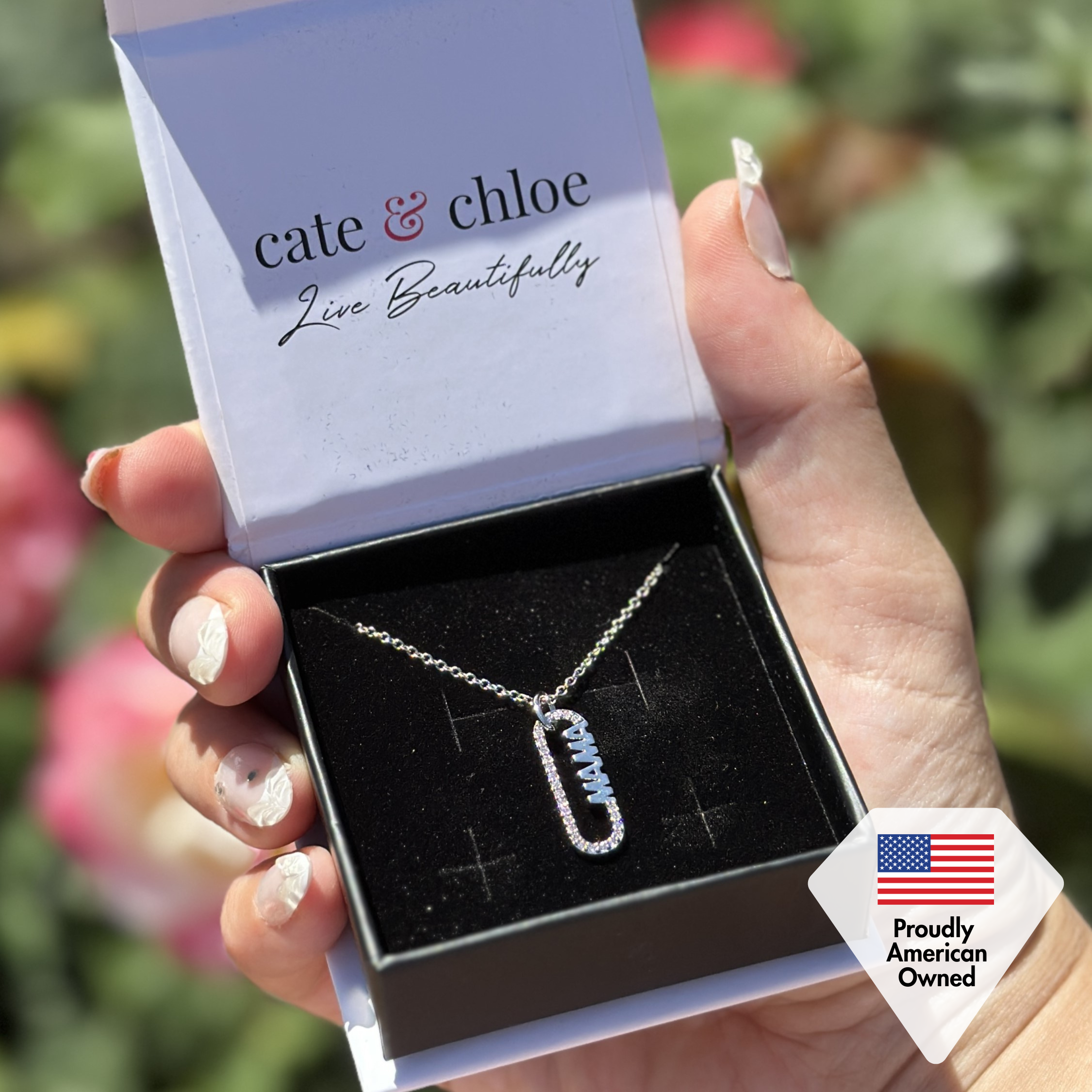 Elaine 18k White Gold Plated Mama Pendant Necklace with Simulated Diamond Crystals