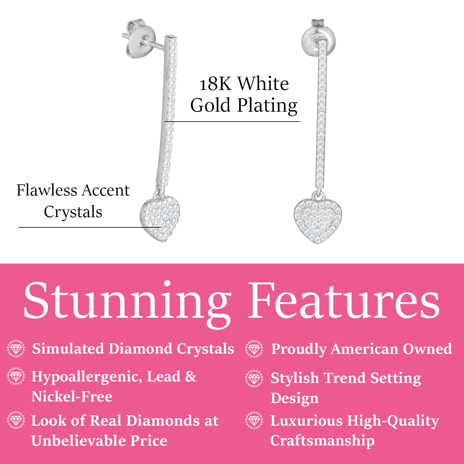 Ella 18k White Gold Plated Heart Drop Earrings with Simulated Diamond Crystals