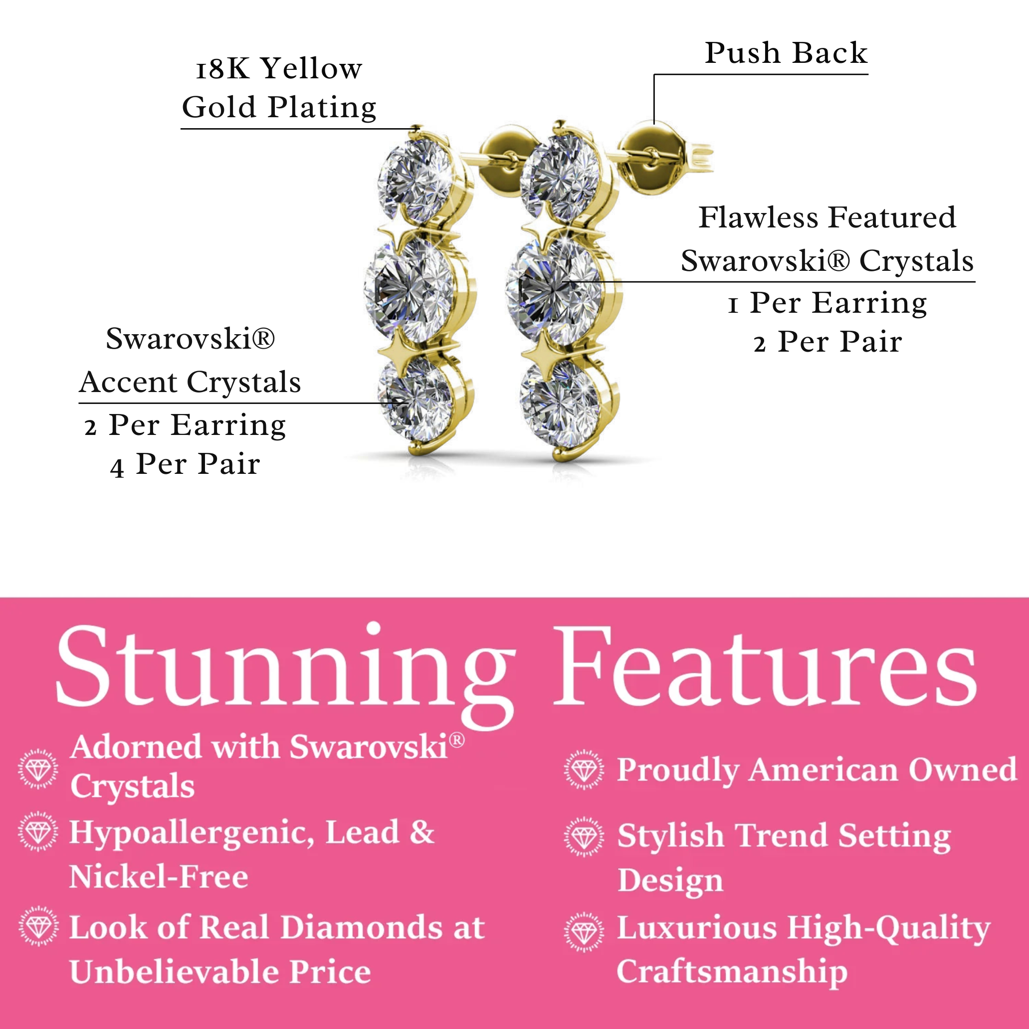 Lucille 18k White Gold Plated Stud Drop Earrings with Swarovski Crystals