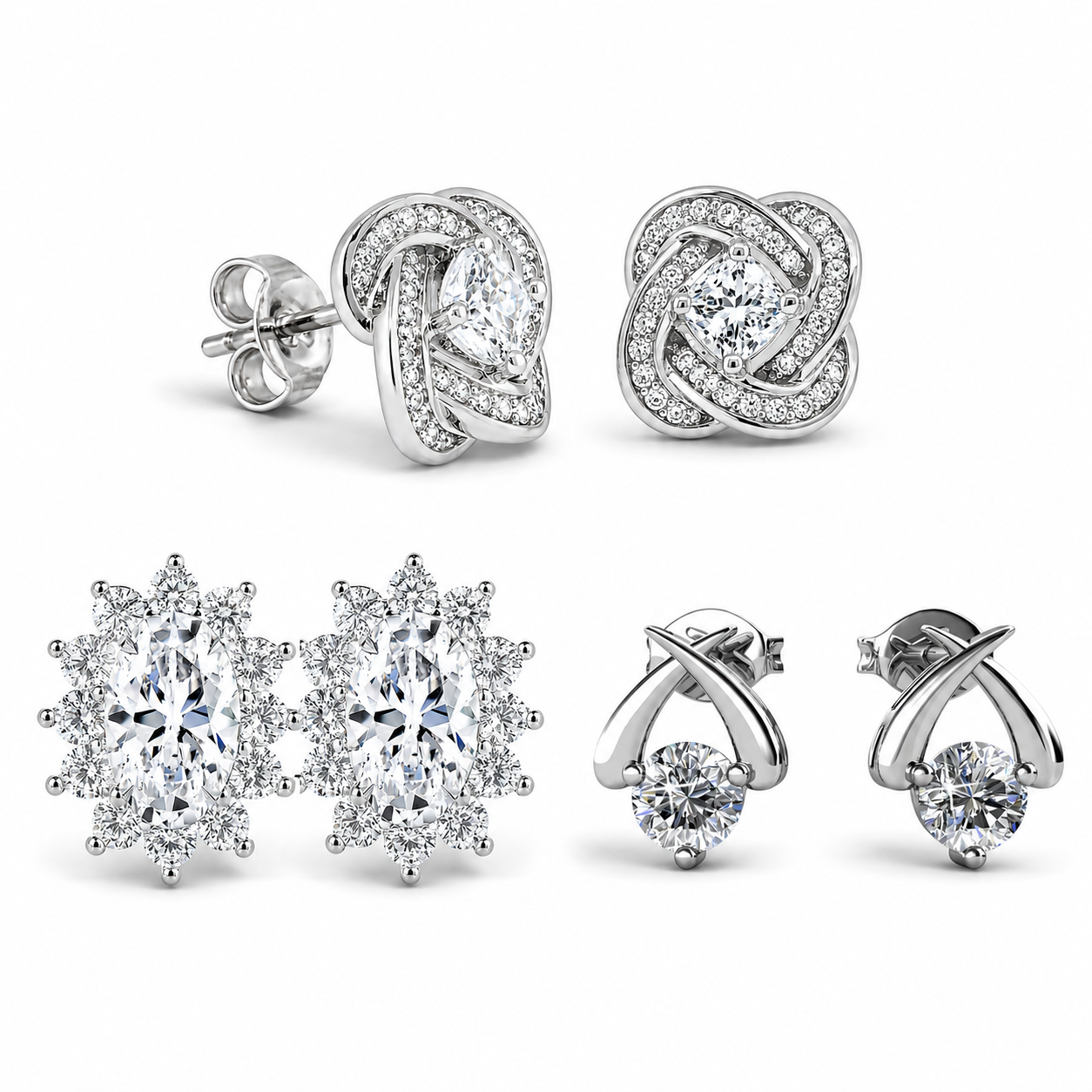 Eloise, Stella, Sage 18k White Gold Plated Stud Earrings for Women  (3 Pair Set)