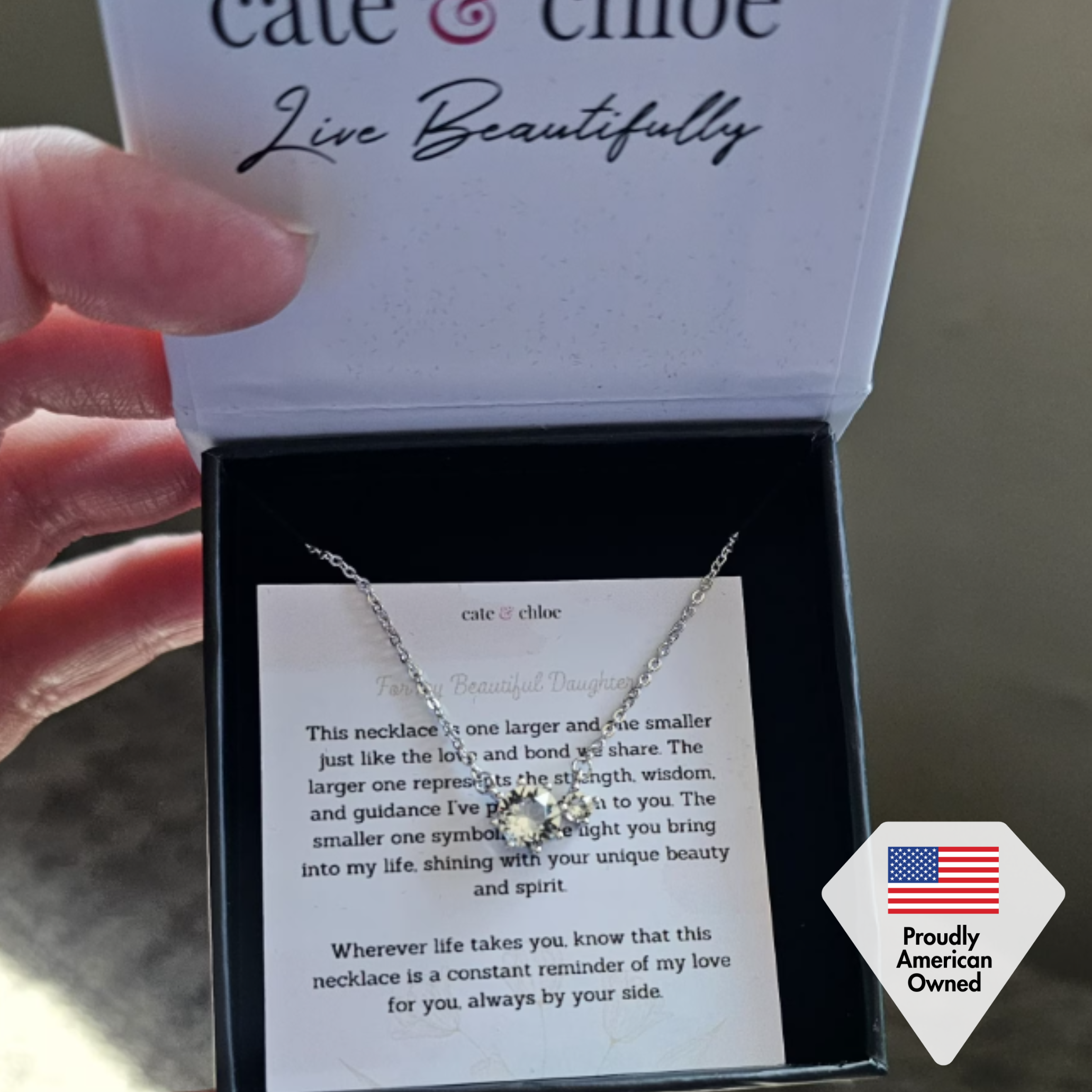 Emma 18k White Gold Plated 2-Stone Pendant Necklace with Swarovski Crystals & Heartfelt Message for Daughter