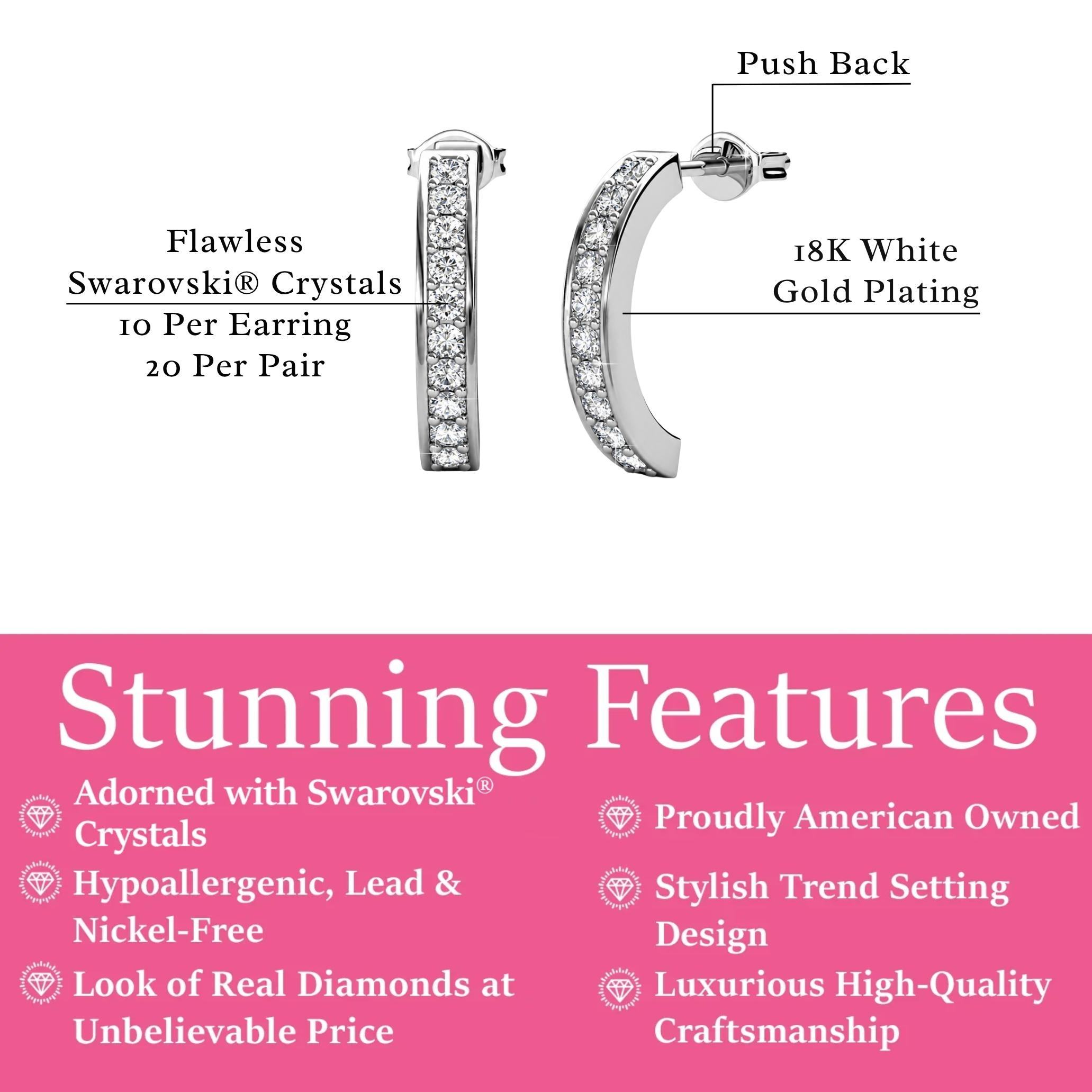 Erin 18k White Gold Plated Half Hoop Earrings with Swarovski Crystals