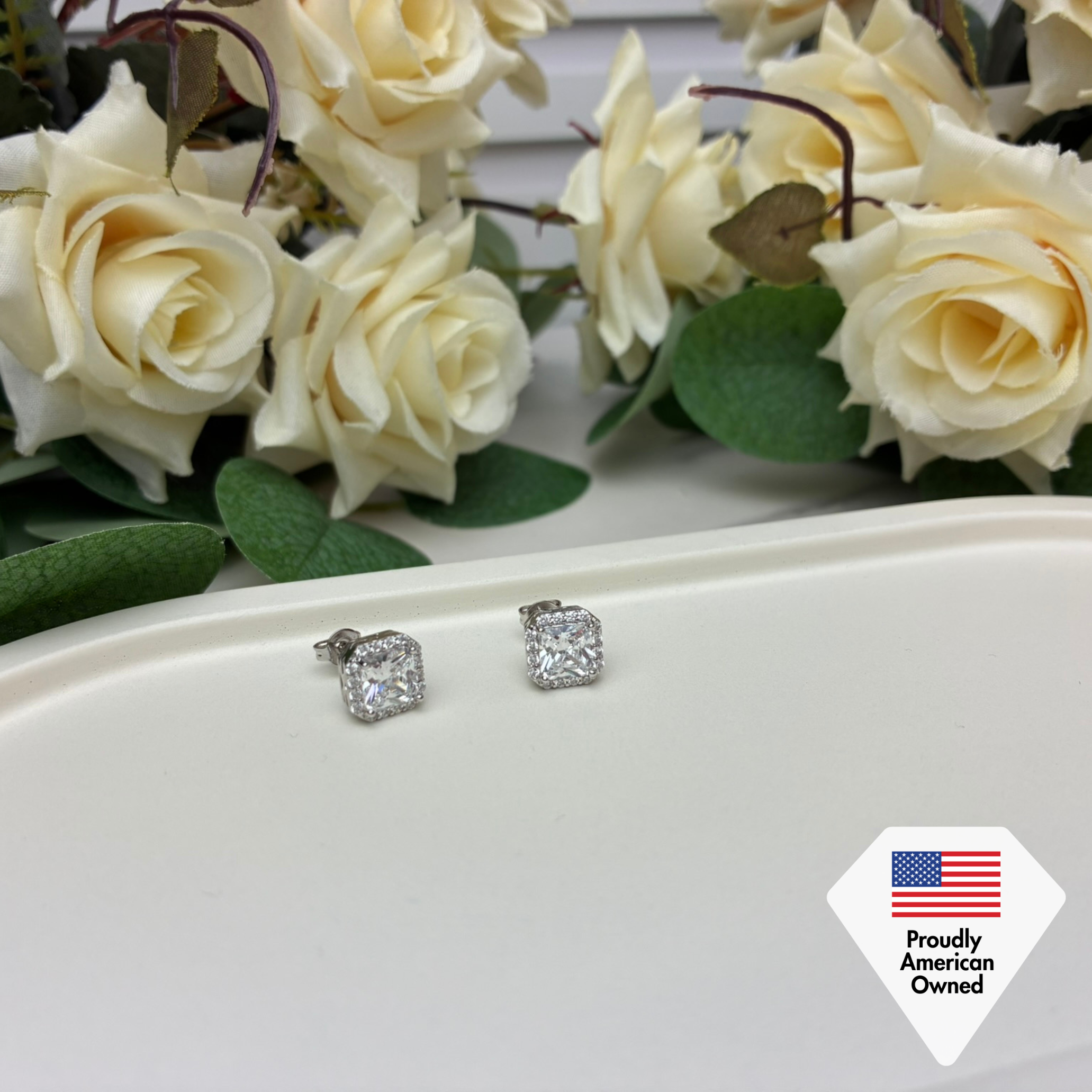 Estelle 18k White Gold Plated Halo Stud Earrings with Simulated Diamond Crystals