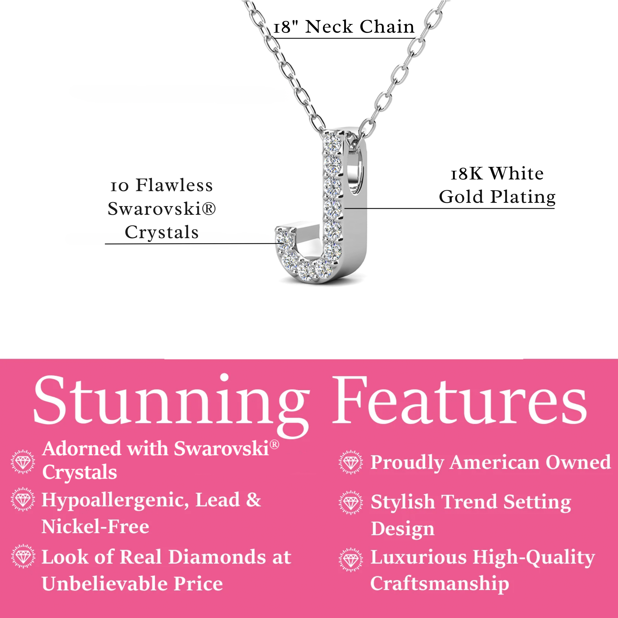 Ethereal Collection 18k White Gold Plated Initial Letter Pendant Necklace with Swarovski Crystals