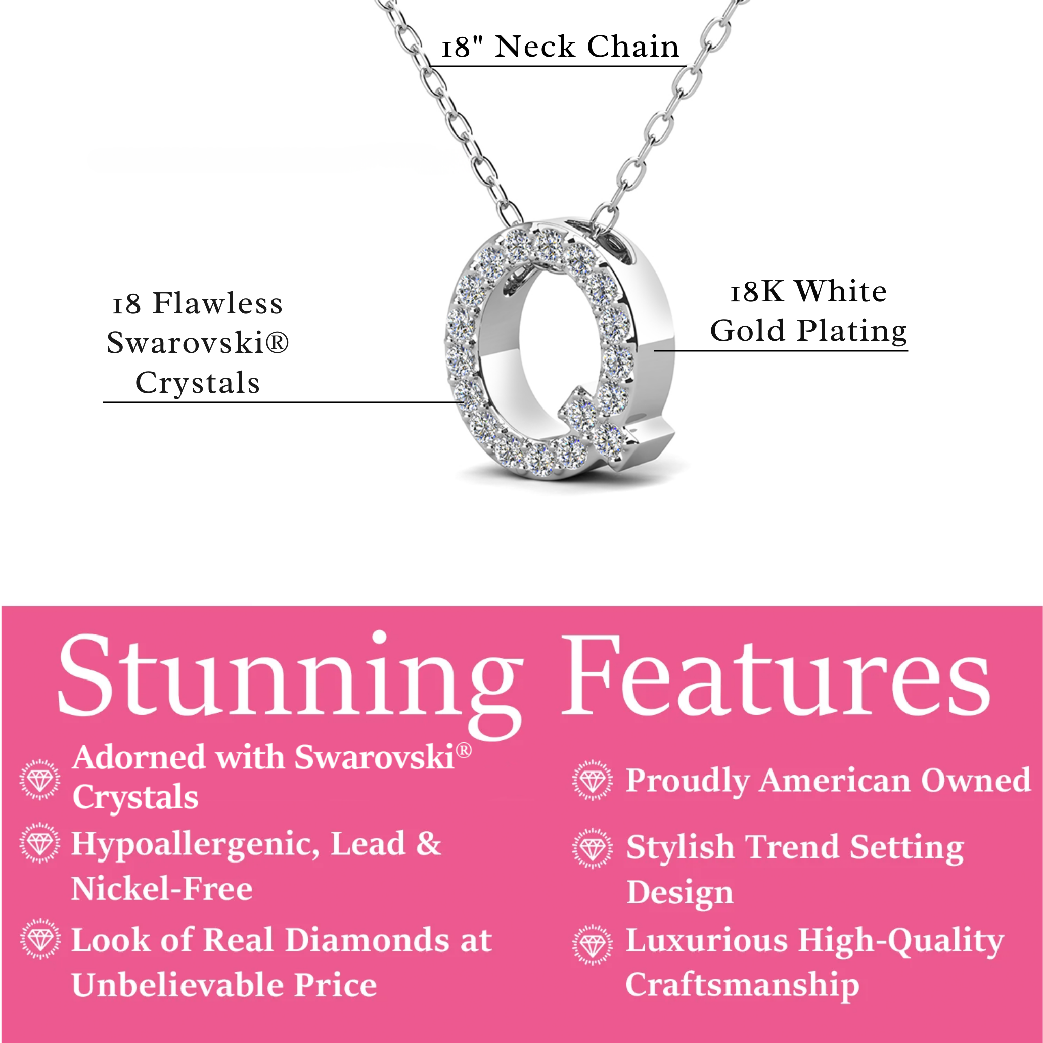 Ethereal Collection 18k White Gold Plated Initial Letter Pendant Necklace with Swarovski Crystals