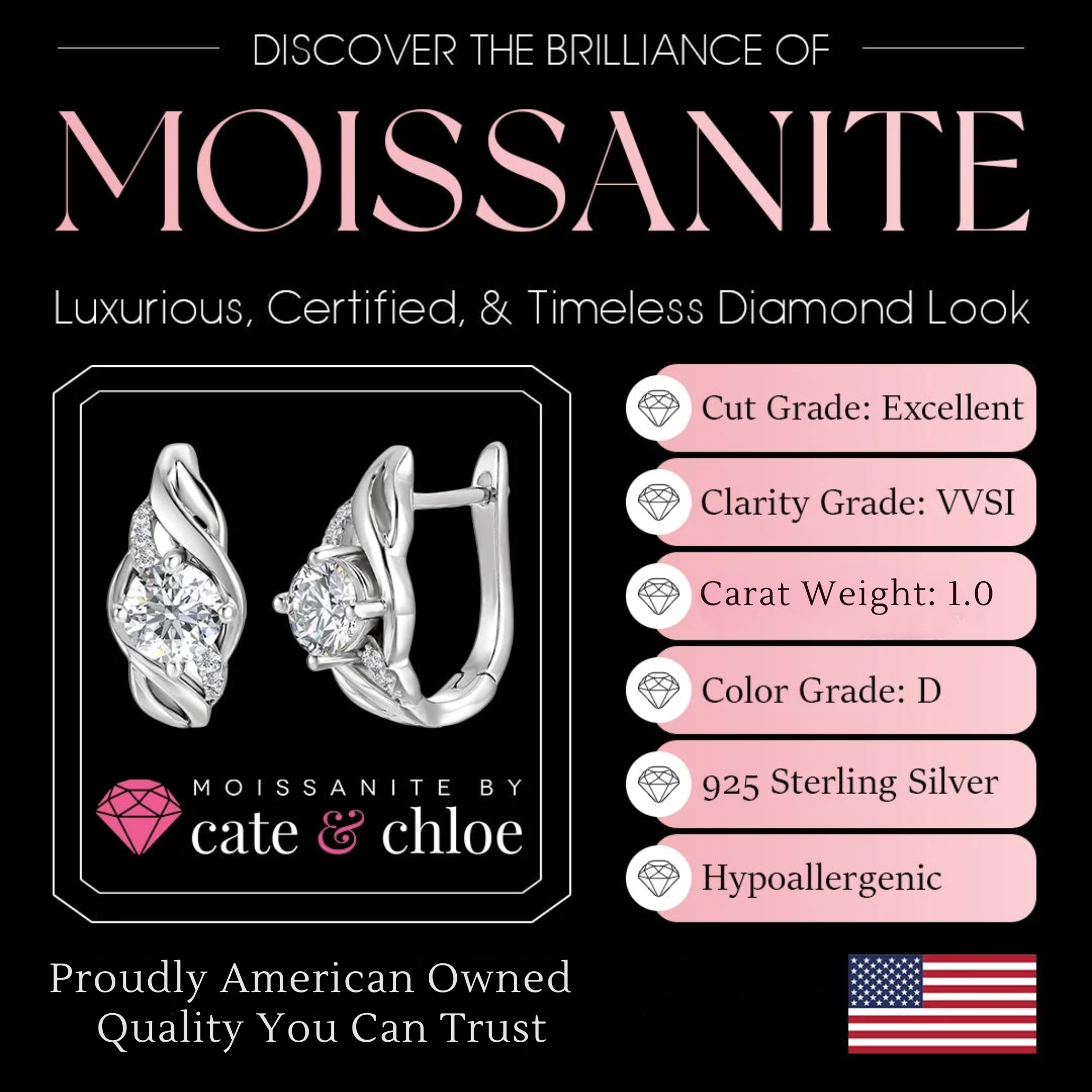 Moissanite by Cate & Chloe Evelyn 18k Gold Plated 925 Sterling Silver Hoop Earrings 1.06tcw