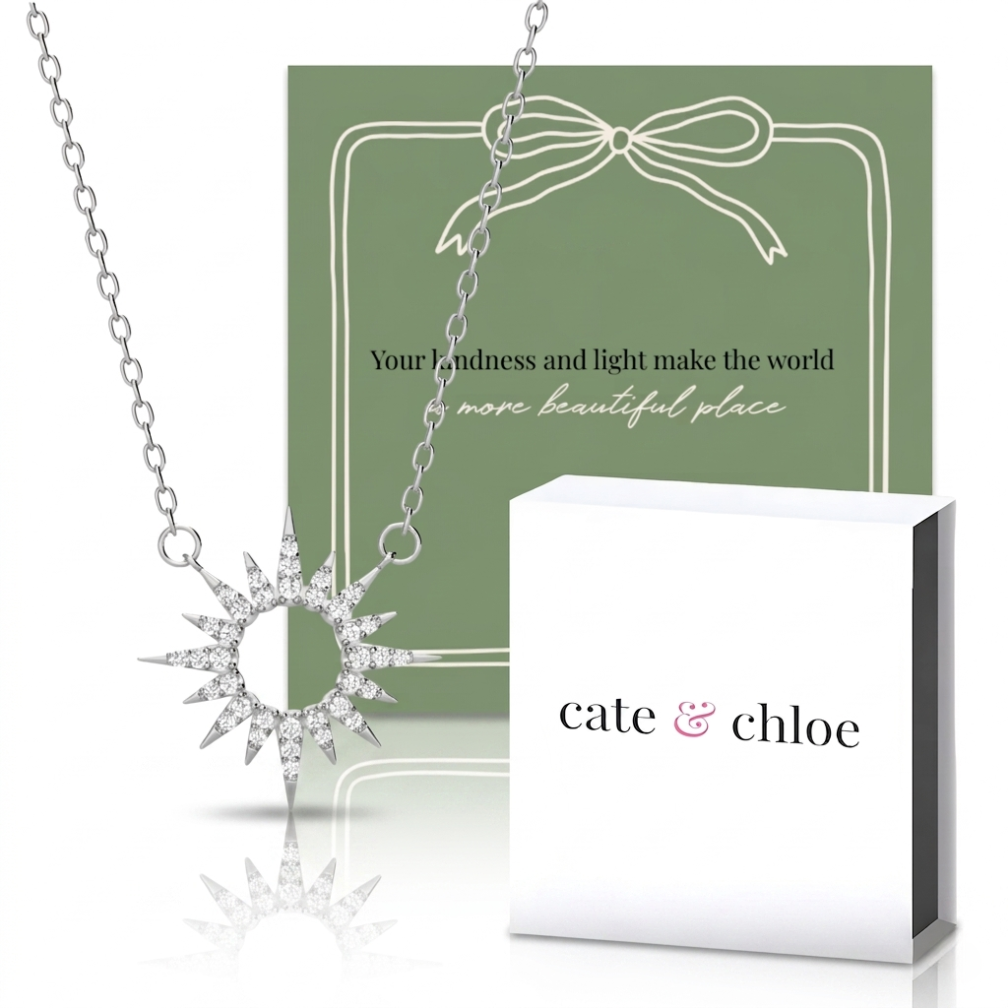 Evie 18k White Gold Plated Sun Pendant Necklace & Kindness and Light Green Bow Card