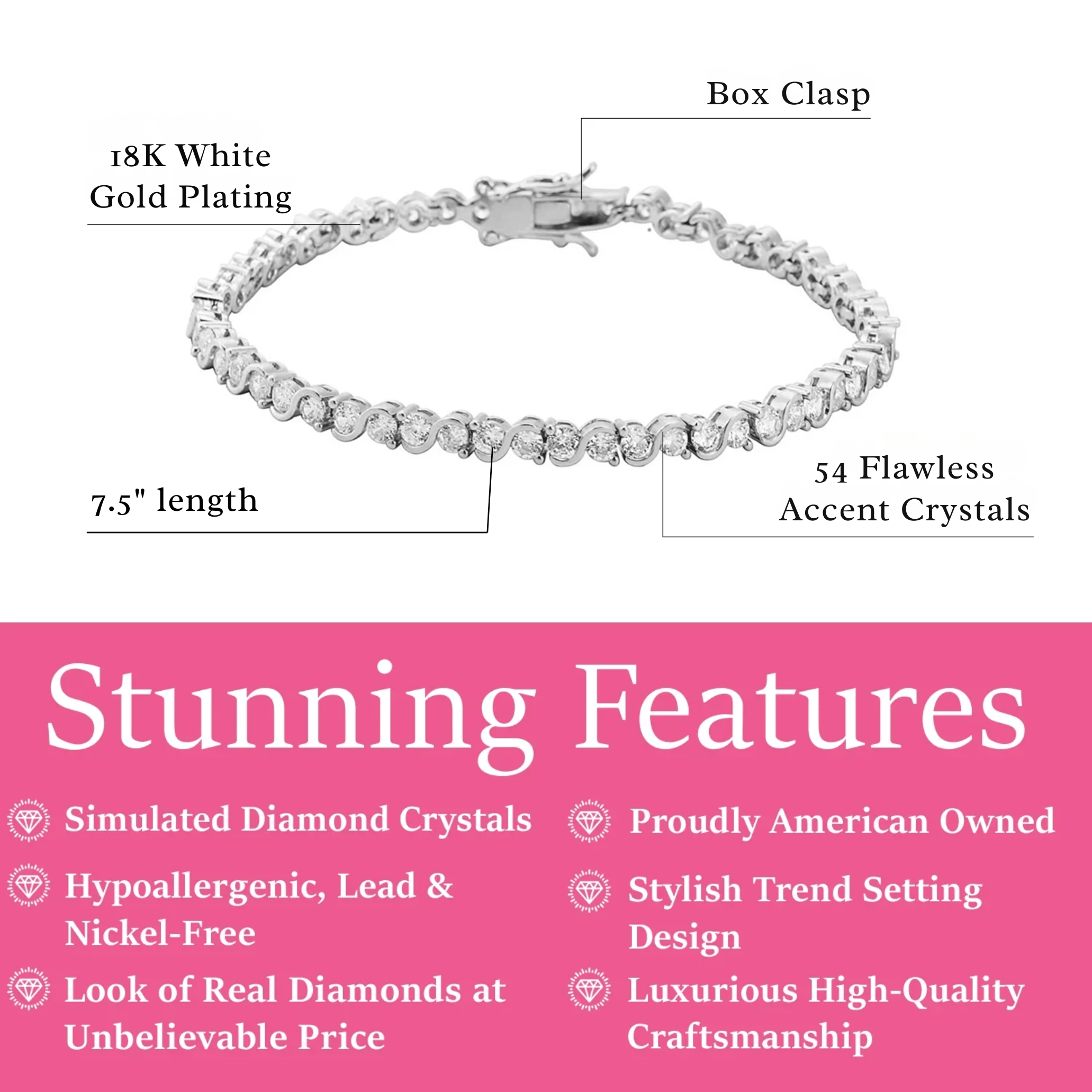 Ezra 18k White Gold Plated Infinity Tennis Bracelet with Simulated Diamond Crystals