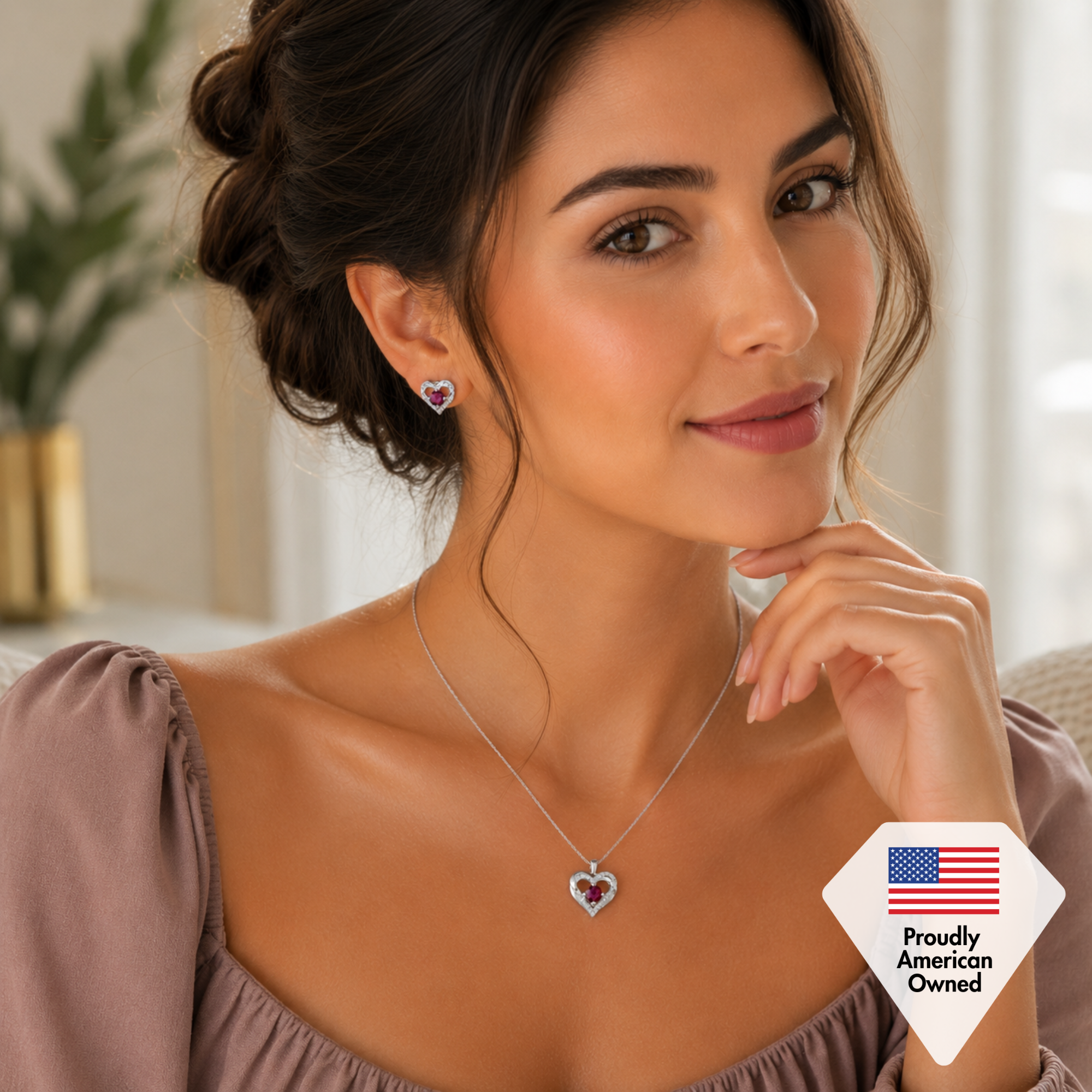 Forever Birthstone 18k White Gold Plated Double Heart Stud Earrings with Swarovski Crystals