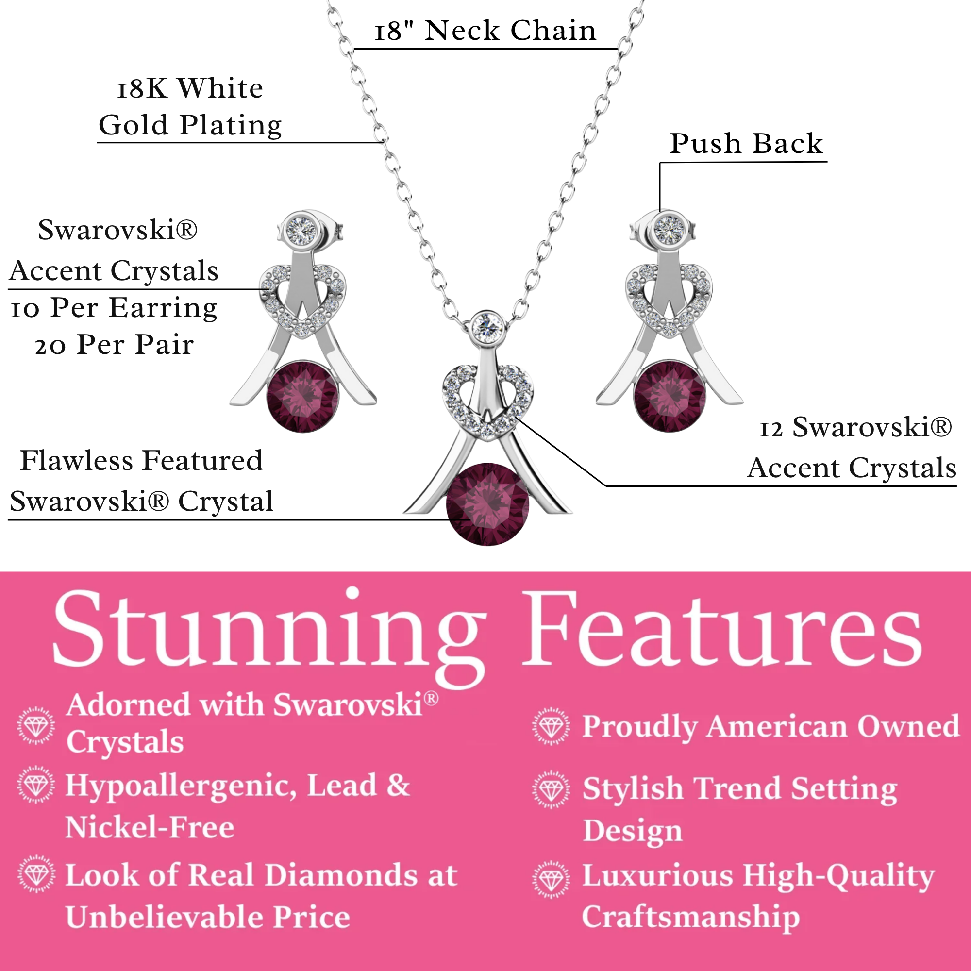 Serenity Birthstone 18k White Gold Plated Drop Earrings and Necklace Set with Swarovski Crystals