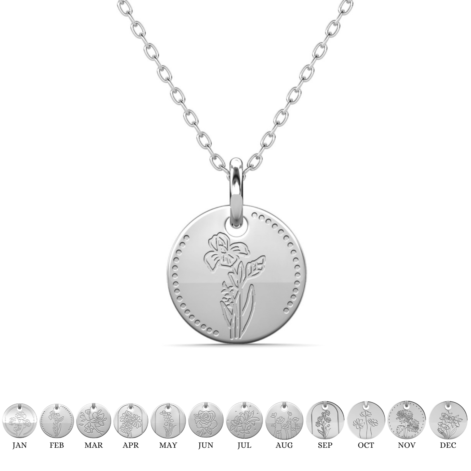 Floral 18k White Gold Plated Engraved Birth Month Flower Pendant Necklace