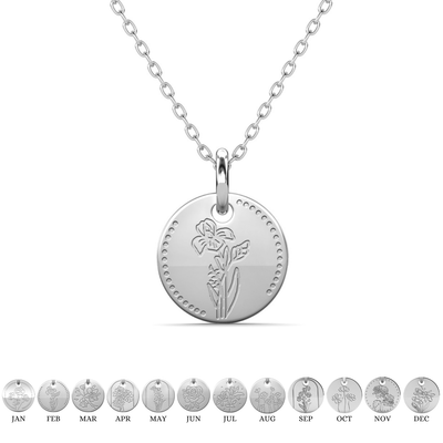 Floral 18k White Gold Plated Engraved Birth Month Flower Pendant Necklace - February - Violet