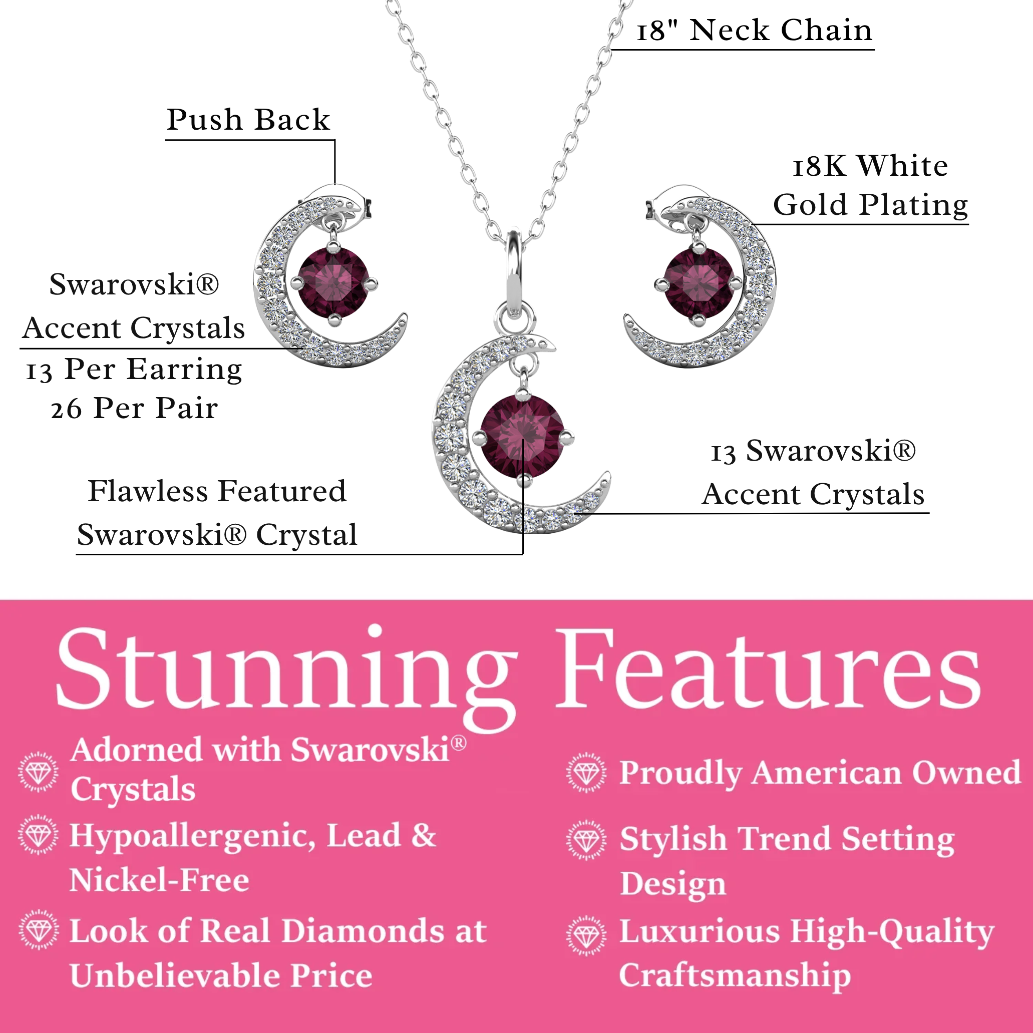 Luna Birthstone 18k White Gold Plated Silver Crescent Earrings and Necklace Set with Swarovski Crystals