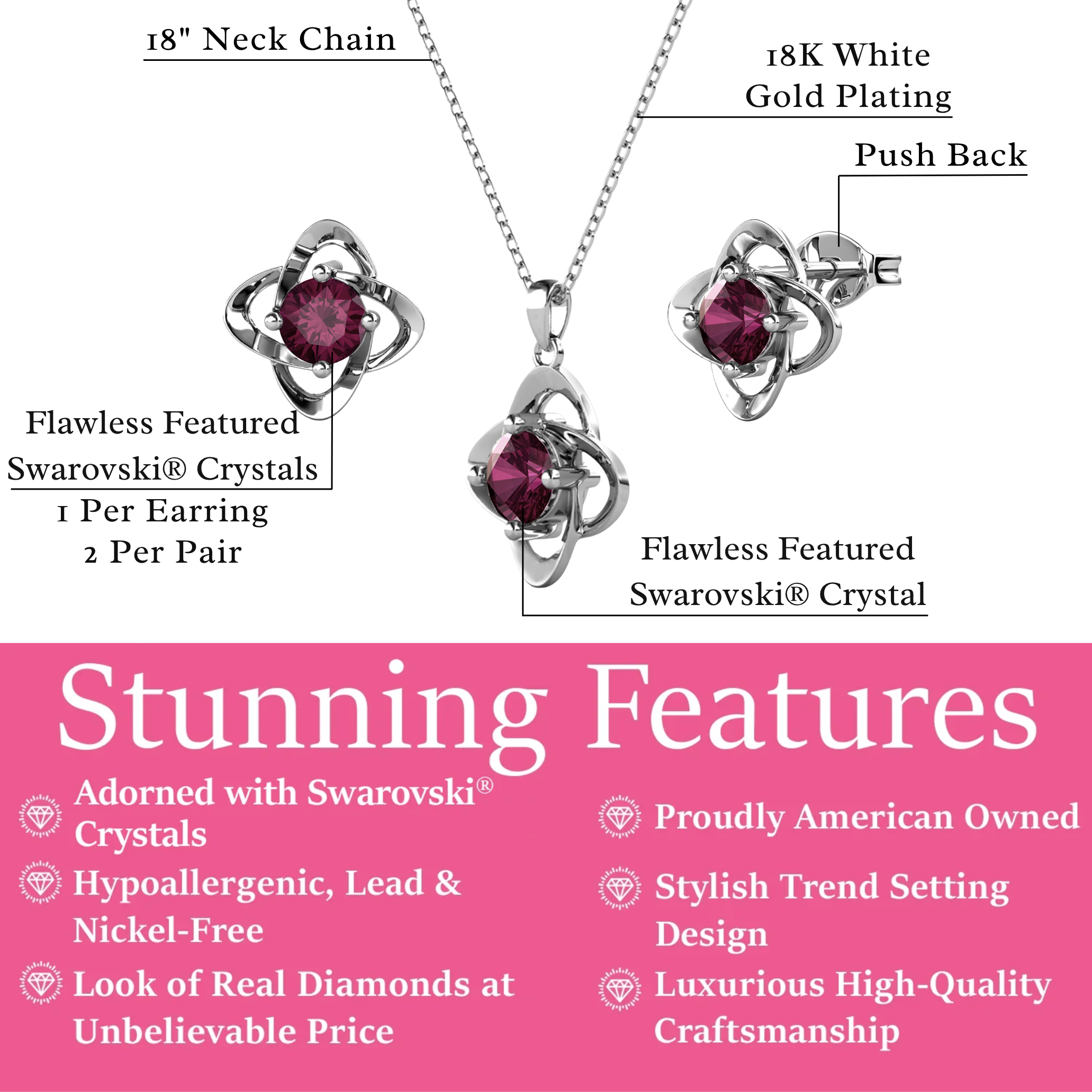 Infinity Birthstone 18k White Gold Plated Stud Earrings and Necklace Set with Swarovski Crystals