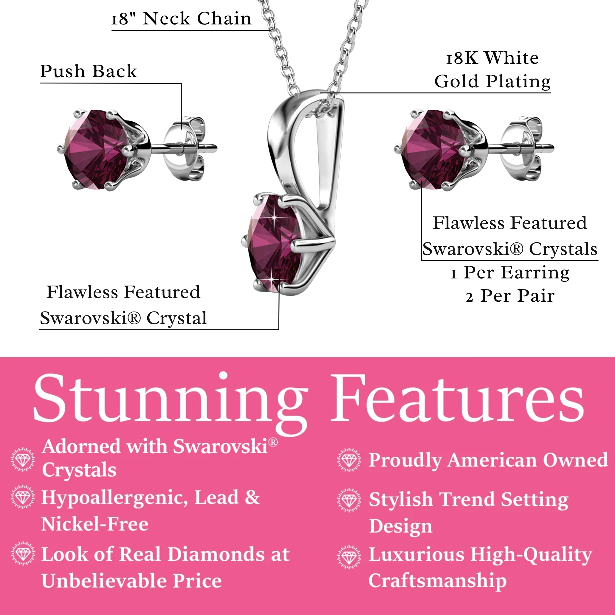 Birthstone 18k White Gold Plated Stud Earrings and Necklace Set with 1ct Swarovski Crystals