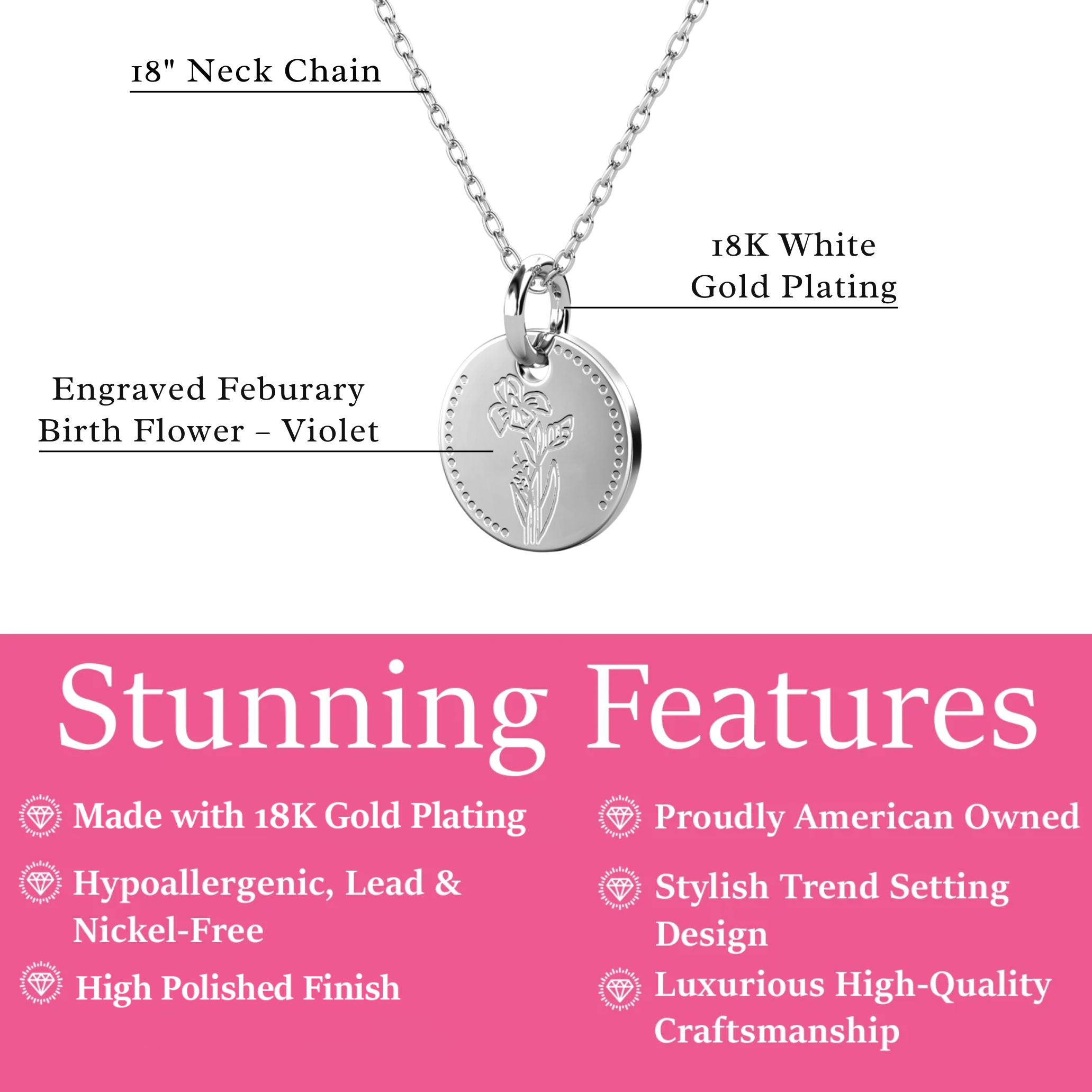 Floral 18k White Gold Plated Engraved Birth Month Flower Pendant Necklace