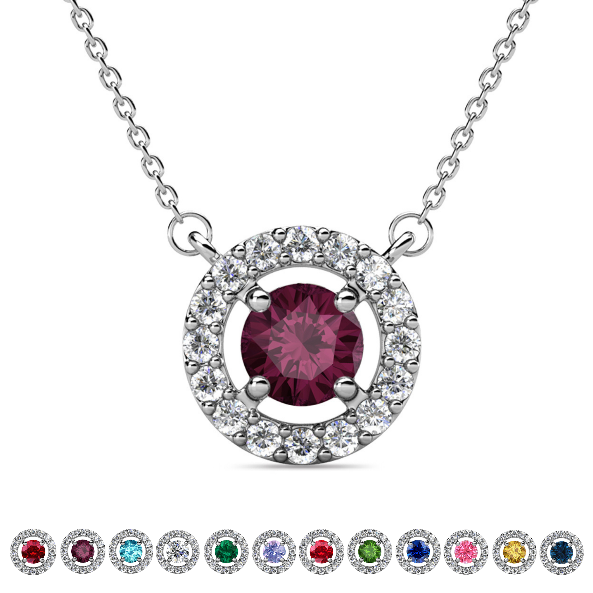 Royal Birthstone 18k White Gold Plated Halo Necklace with Round Cut Swarovski Crystals