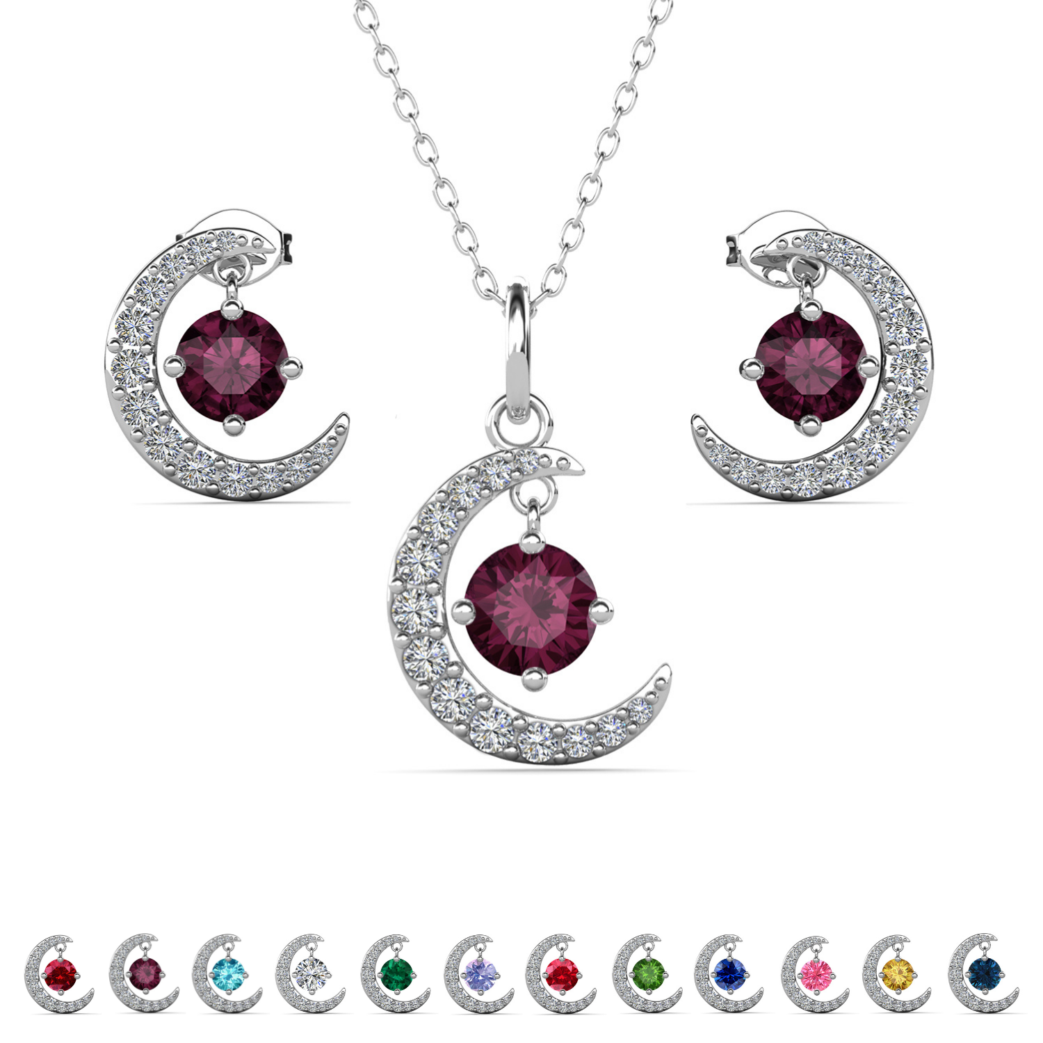 Luna Birthstone 18k White Gold Plated Silver Crescent Earrings and Necklace Set with Swarovski Crystals