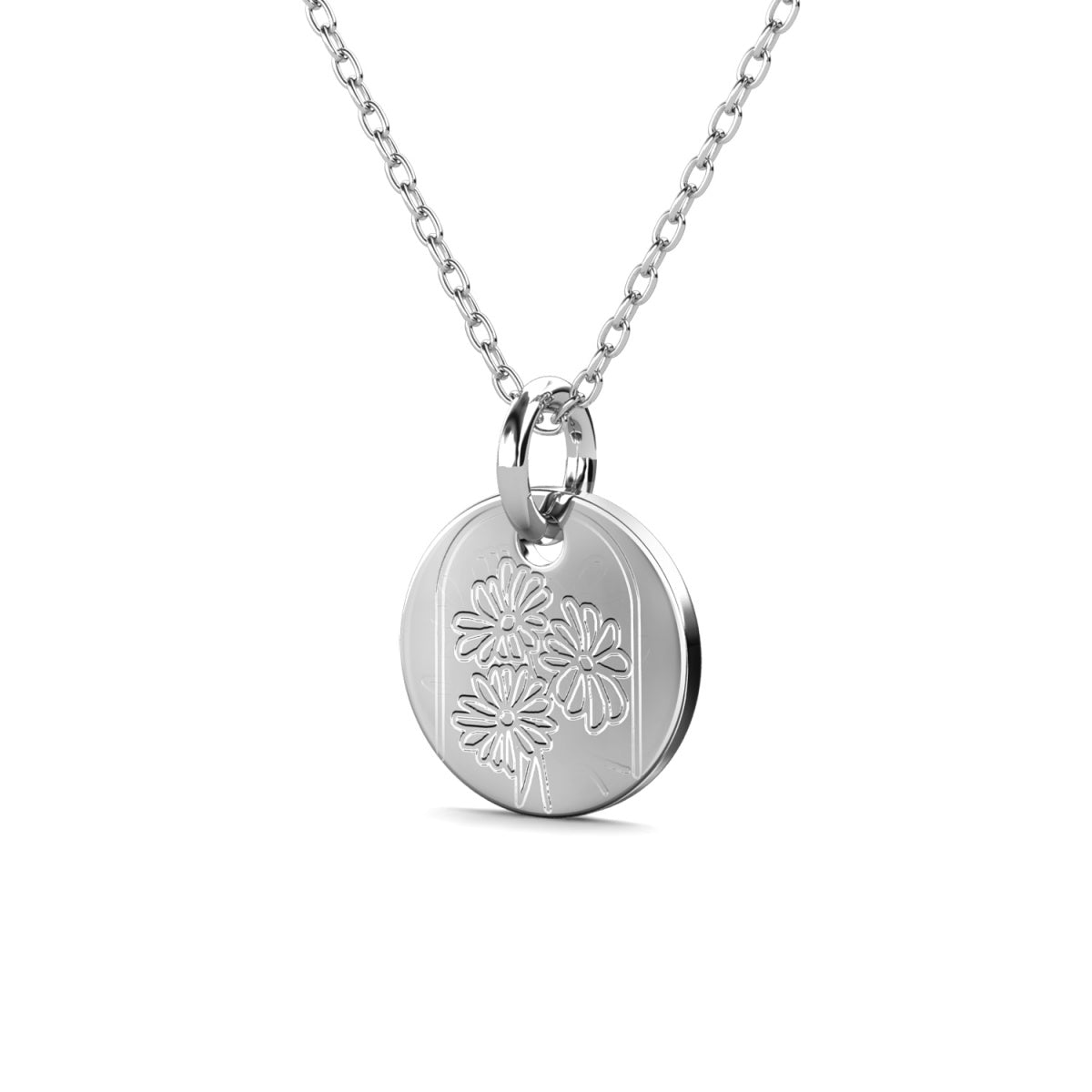 Floral 18k White Gold Plated Engraved Birth Month Flower Pendant Necklace