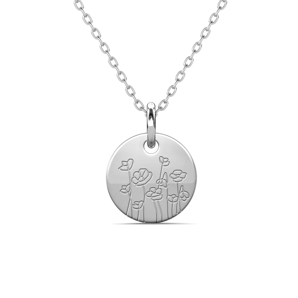 Floral 18k White Gold Plated Engraved Birth Month Flower Pendant Necklace