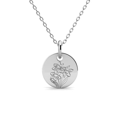 Floral 18k White Gold Plated Engraved Birth Month Flower Pendant Necklace - December