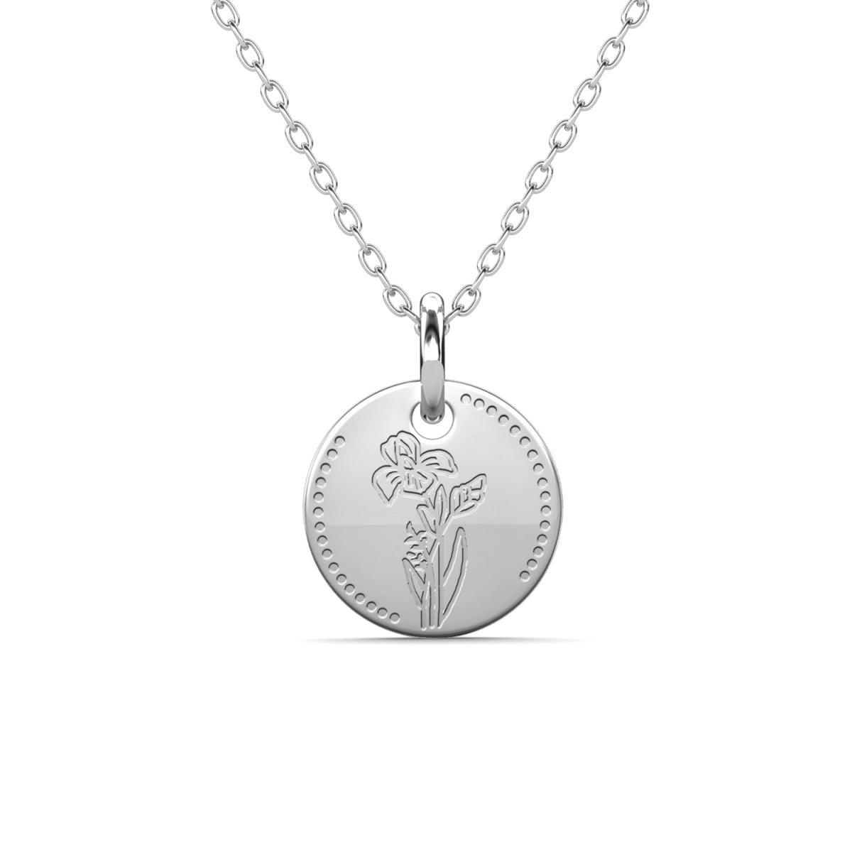 Floral 18k White Gold Plated Engraved Birth Month Flower Pendant Necklace