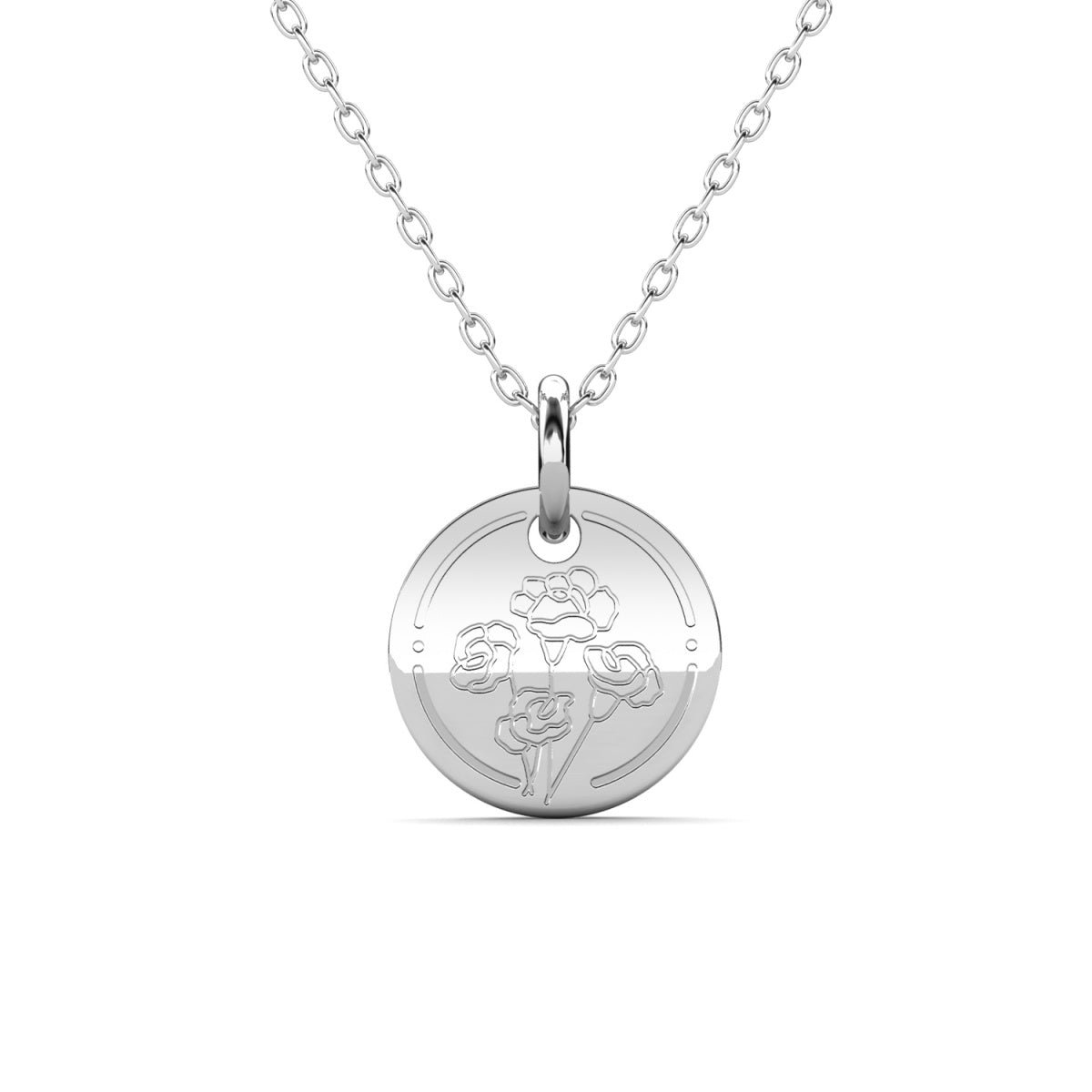 Floral 18k White Gold Plated Engraved Birth Month Flower Pendant Necklace