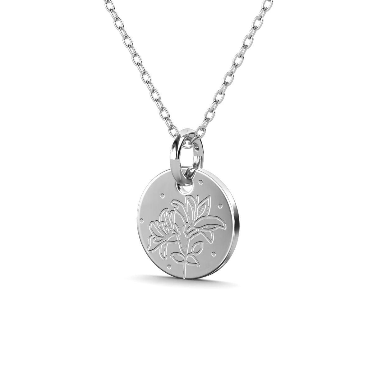 Floral 18k White Gold Plated Engraved Birth Month Flower Pendant Necklace