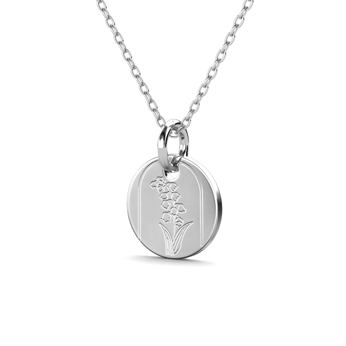 Floral 18k White Gold Plated Engraved Birth Month Flower Pendant Necklace