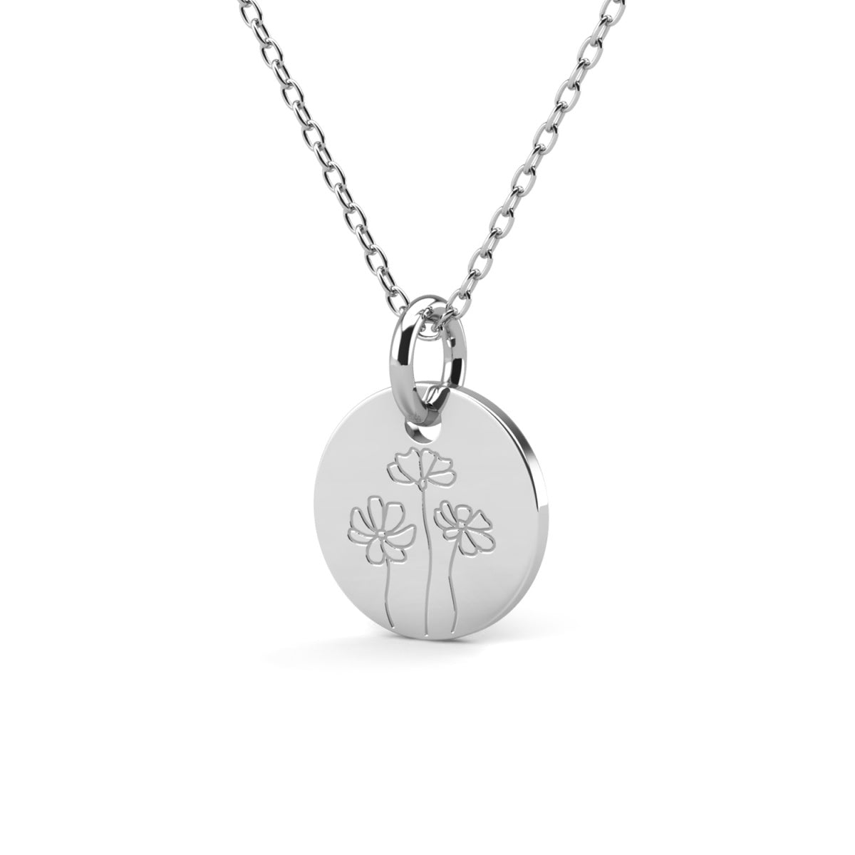 Floral 18k White Gold Plated Engraved Birth Month Flower Pendant Necklace