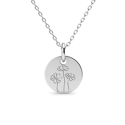Floral 18k White Gold Plated Engraved Birth Month Flower Pendant Necklace - October