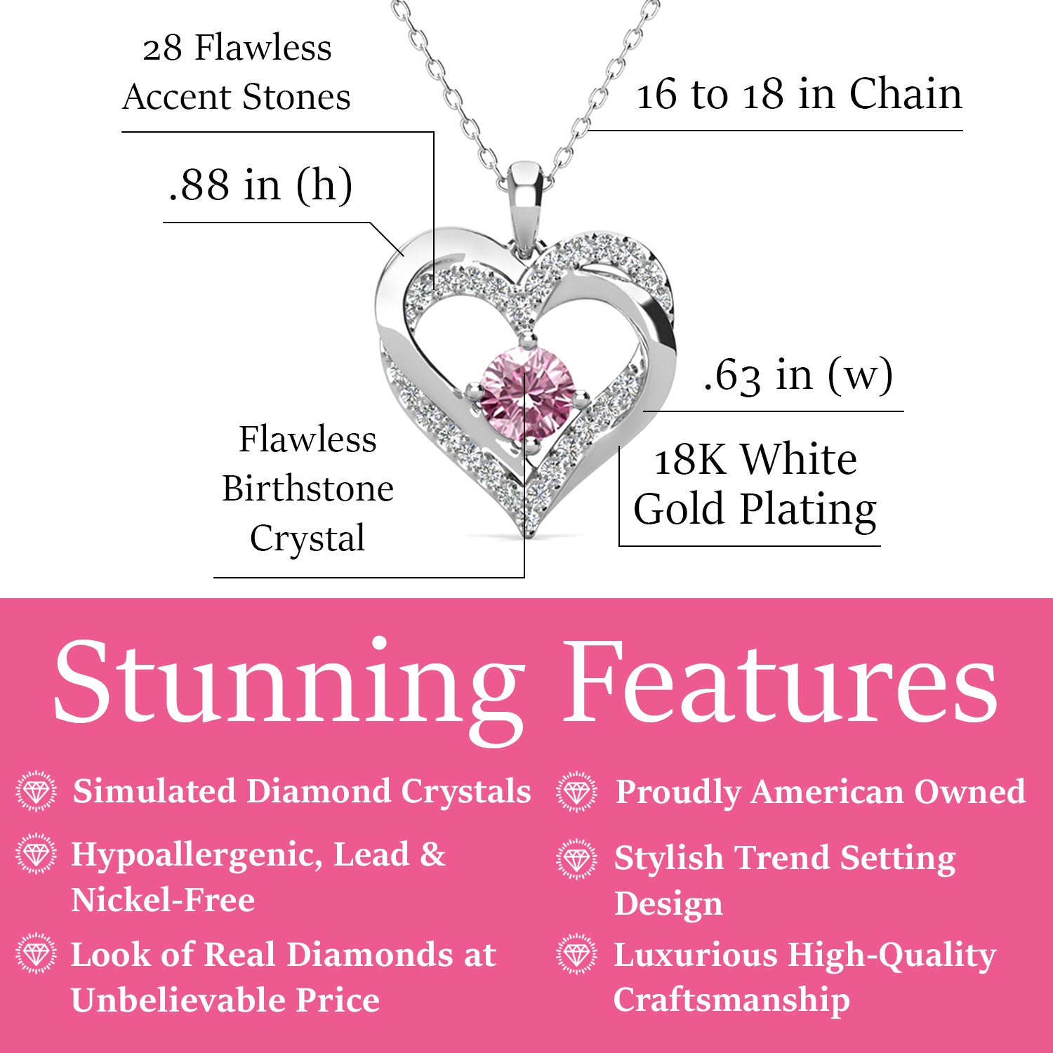 Forever October Birthstone Pink Tourmaline Necklace, 18k White Gold Plated Silver Double Heart Crystal Necklace