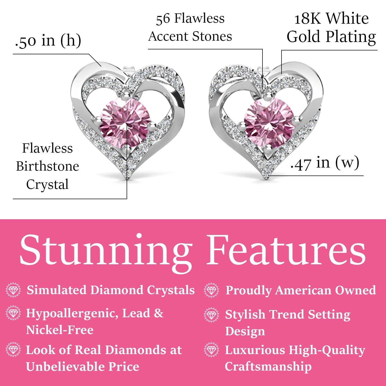 Forever 18k White Gold Plated Birthstone Double Heart Earrings with Crystals