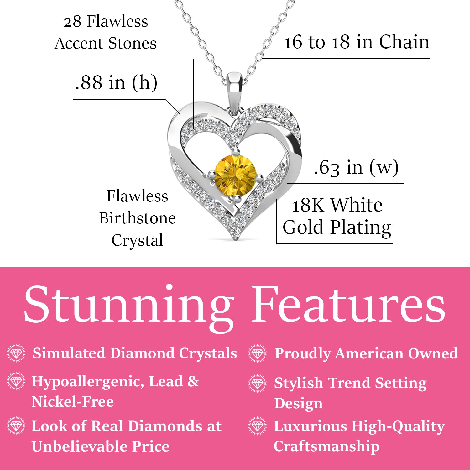 永远十一月诞生石黄水晶项链，镀 18k 白金银双心形水晶项链