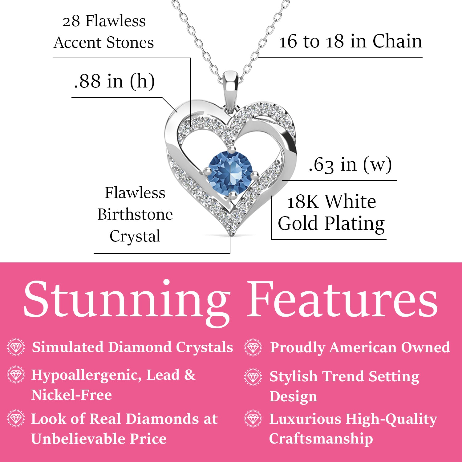 Forever December Birthstone Blue Topaz Necklace, 18k White Gold Plated Silver Double Heart Crystal Necklace