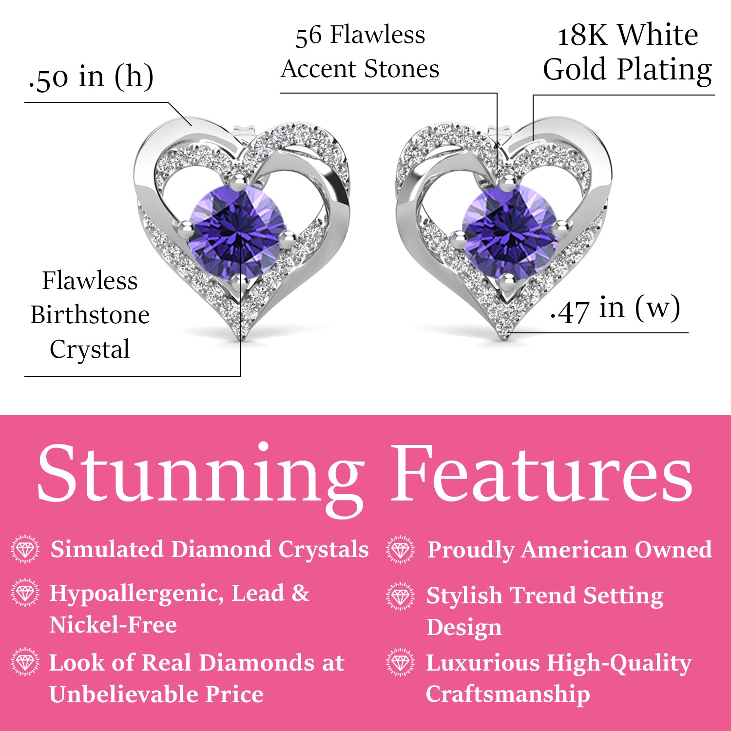 永远二月诞生石紫水晶耳环，18k 镀白金银双心形水晶耳环