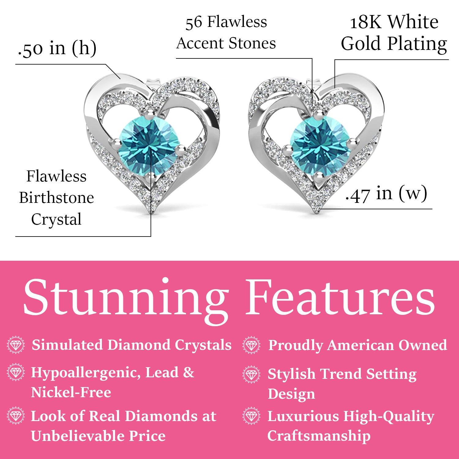 Forever March Birthstone Aquamarine Earrings, 18k White Gold Plated Silver Double Heart Crystal Earrings