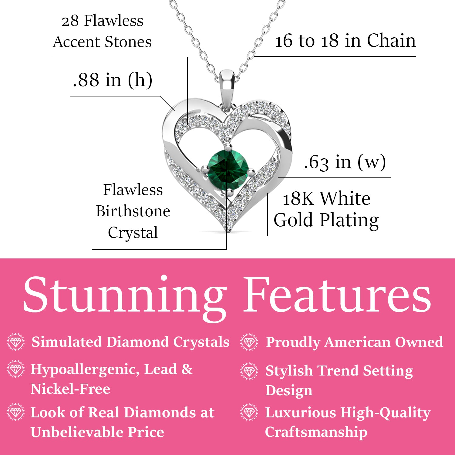 Forever May Birthstone Emerald Necklace, 18k White Gold Plated Silver Double Heart Crystal Necklace