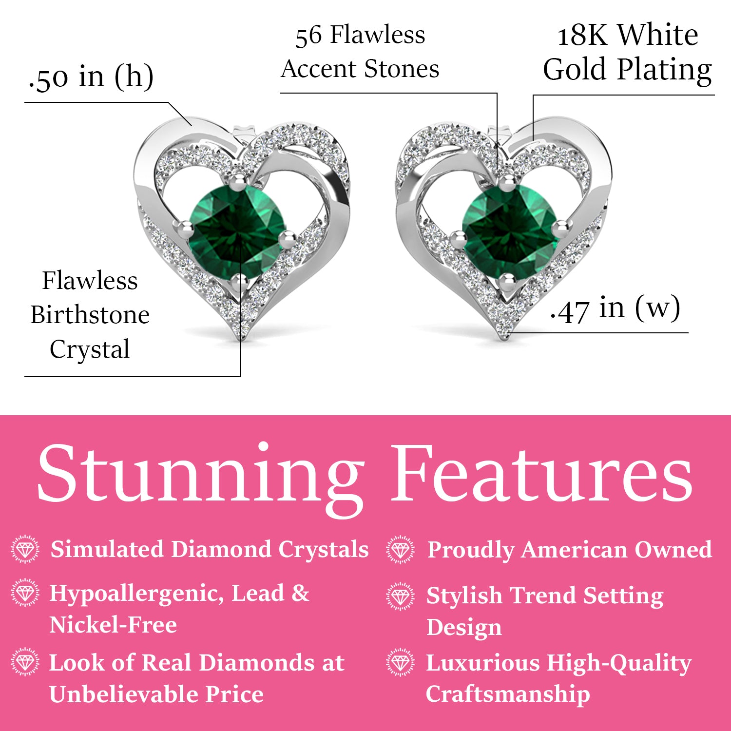 Forever May Birthstone Emerald Earrings, 18k White Gold Plated Silver Double Heart Crystal Earrings