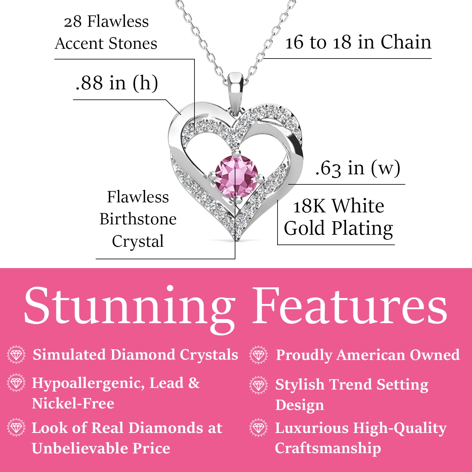 Forever June Birthstone Alexandrite Necklace, 18k White Gold Plated Silver Double Heart Crystal Necklace