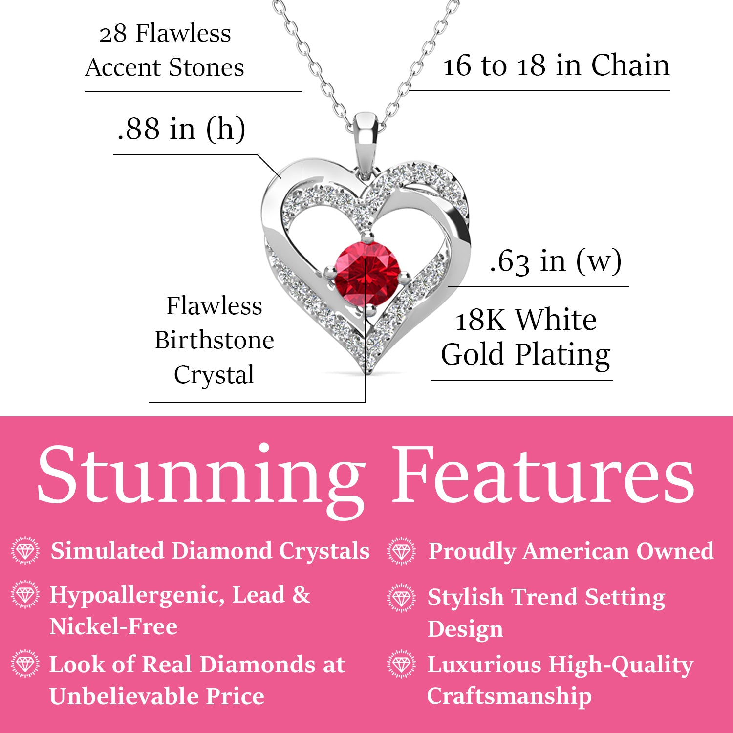Forever July Birthstone Ruby Necklace, 18k White Gold Plated Silver Double Heart Crystal Necklace
