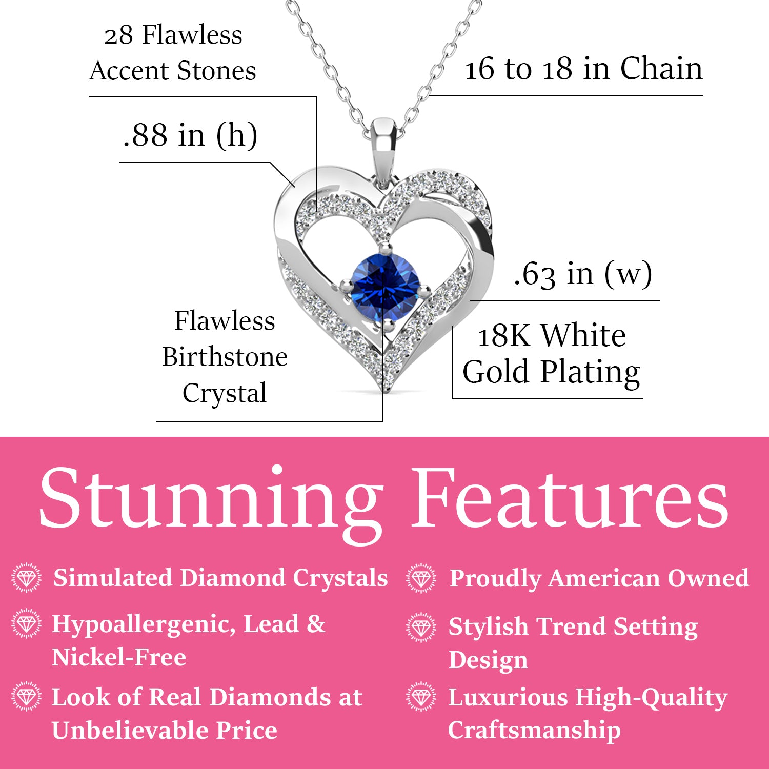 永远的九月诞生石蓝宝石项链，镀 18k 白金银色双心形水晶项链