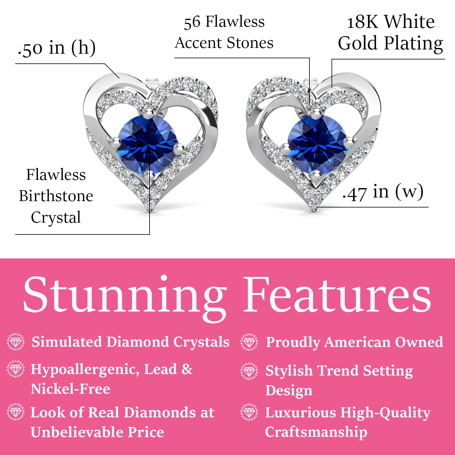 永远的九月诞生石蓝宝石耳环，镀 18k 白金银双心形水晶耳环