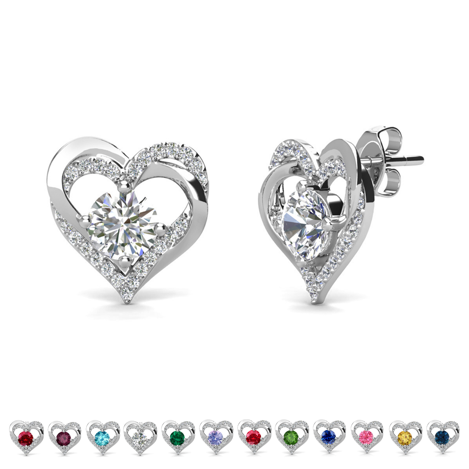 Forever Birthstone 18k White Gold Plated Double Heart Stud Earrings with Swarovski Crystals