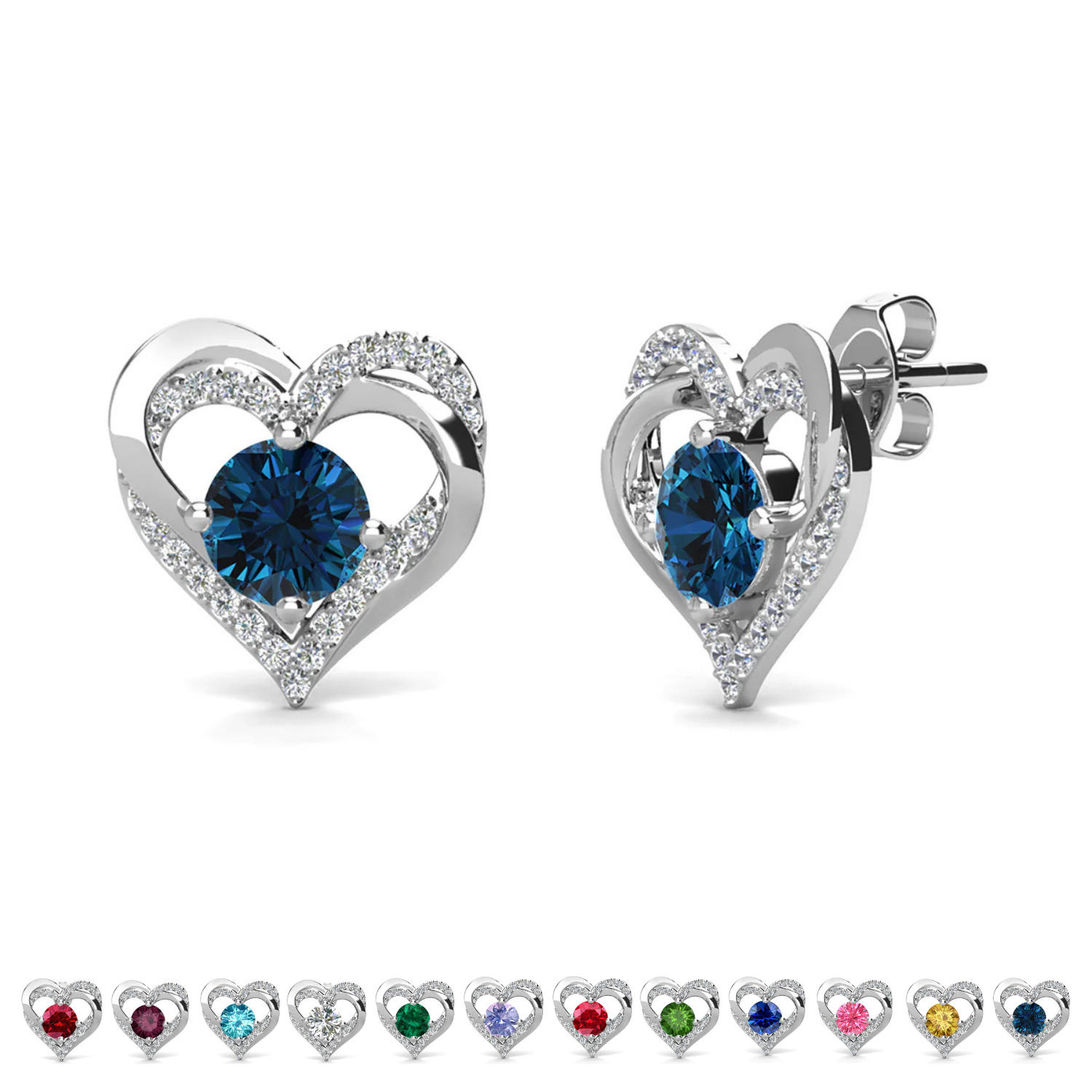 Forever Birthstone 18k White Gold Plated Double Heart Stud Earrings with Swarovski Crystals