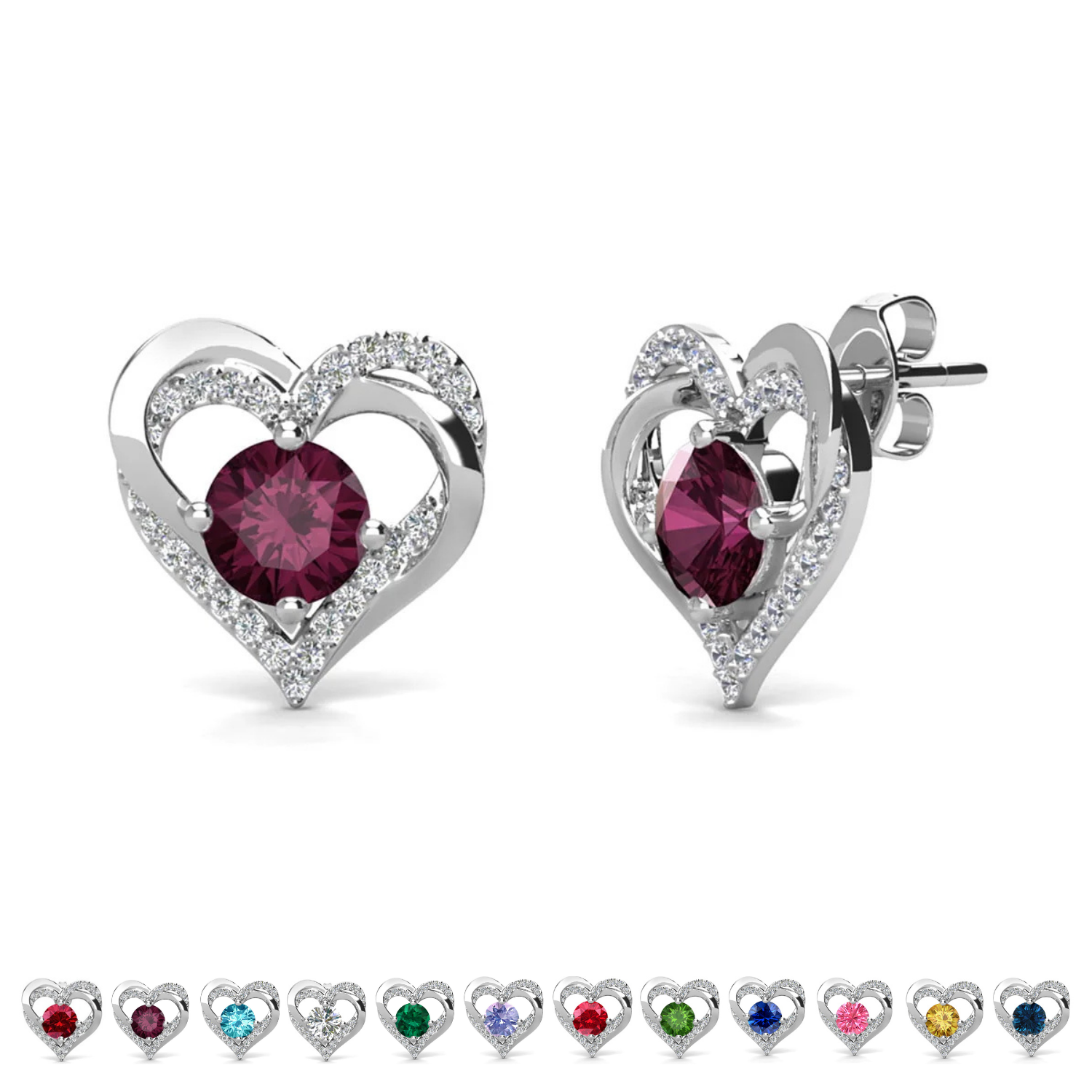 Forever Birthstone 18k White Gold Plated Double Heart Stud Earrings with Swarovski Crystals