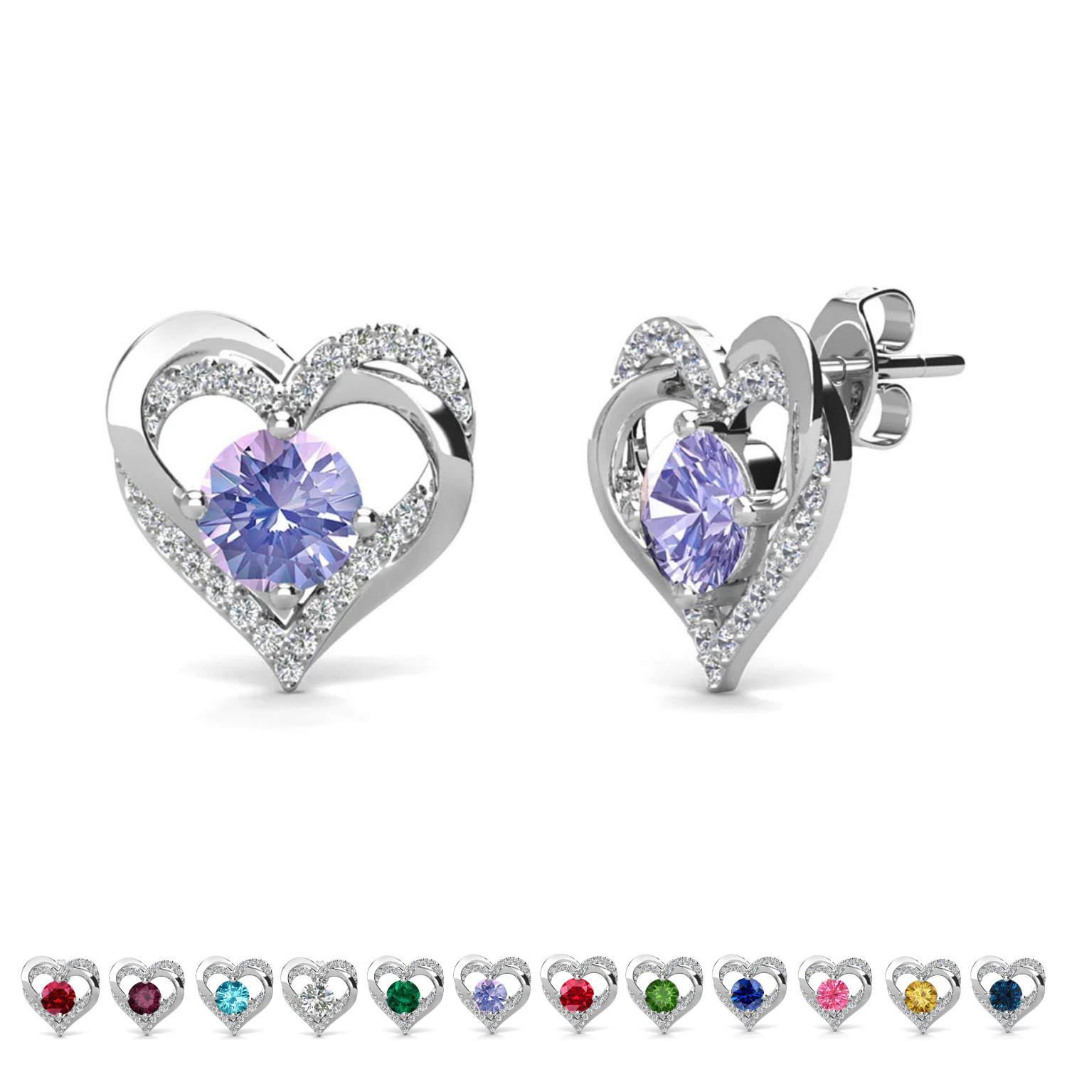 Forever Birthstone 18k White Gold Plated Double Heart Stud Earrings with Swarovski Crystals